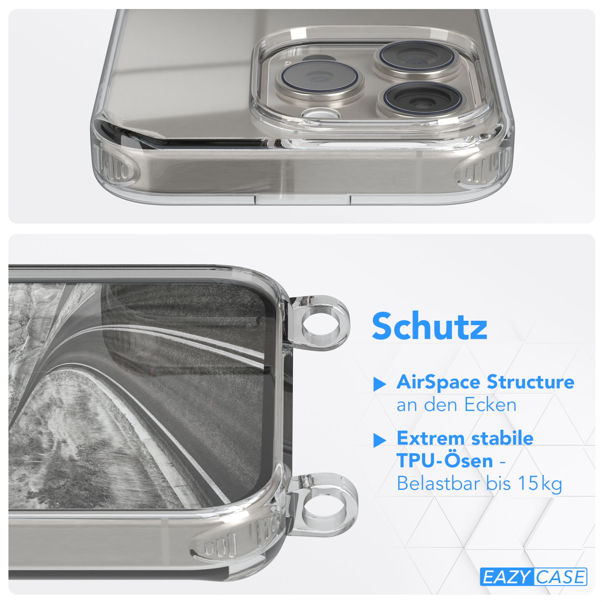 EAZY CASE Umhängeband, mit / Clear Umhängetasche, Clips Pro, Cover 15 Grau Silber Apple, iPhone