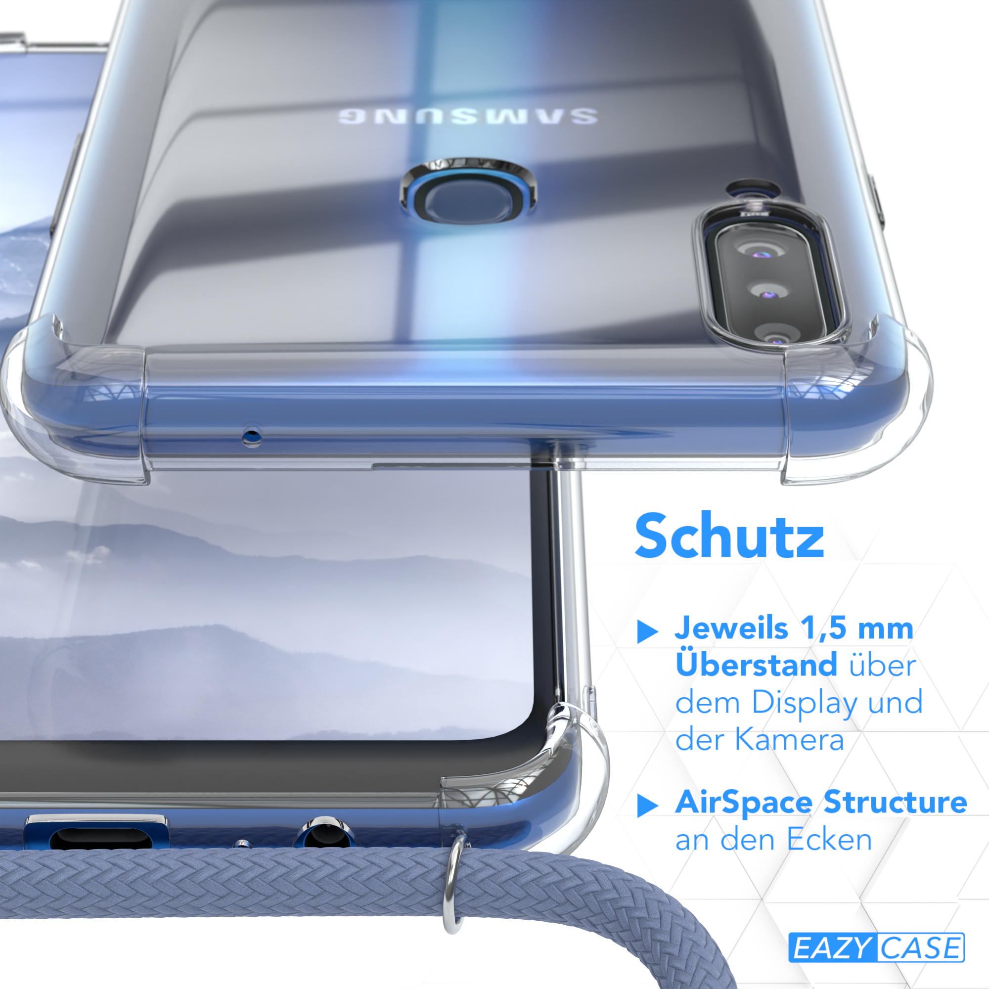 Nahaufnahme einer Handyhülle. Text: Schutz. Merkmale: 1,5 mm Überstand, AirSpace-Struktur an Ecken.