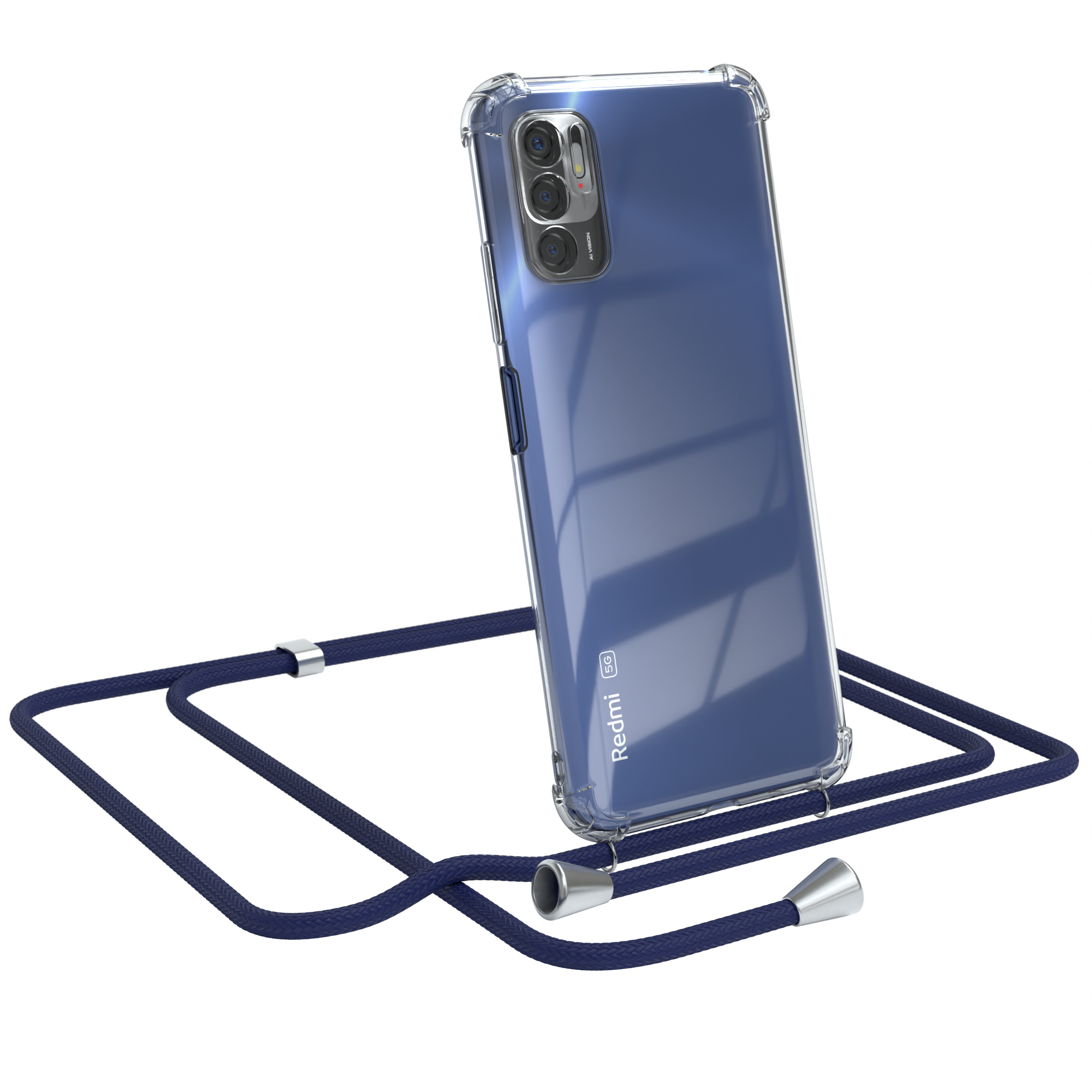 Transparente Handyhülle mit marineblauem Band. Ein Redmi-Telefon ist darin. Silberne Akzente an den Enden.