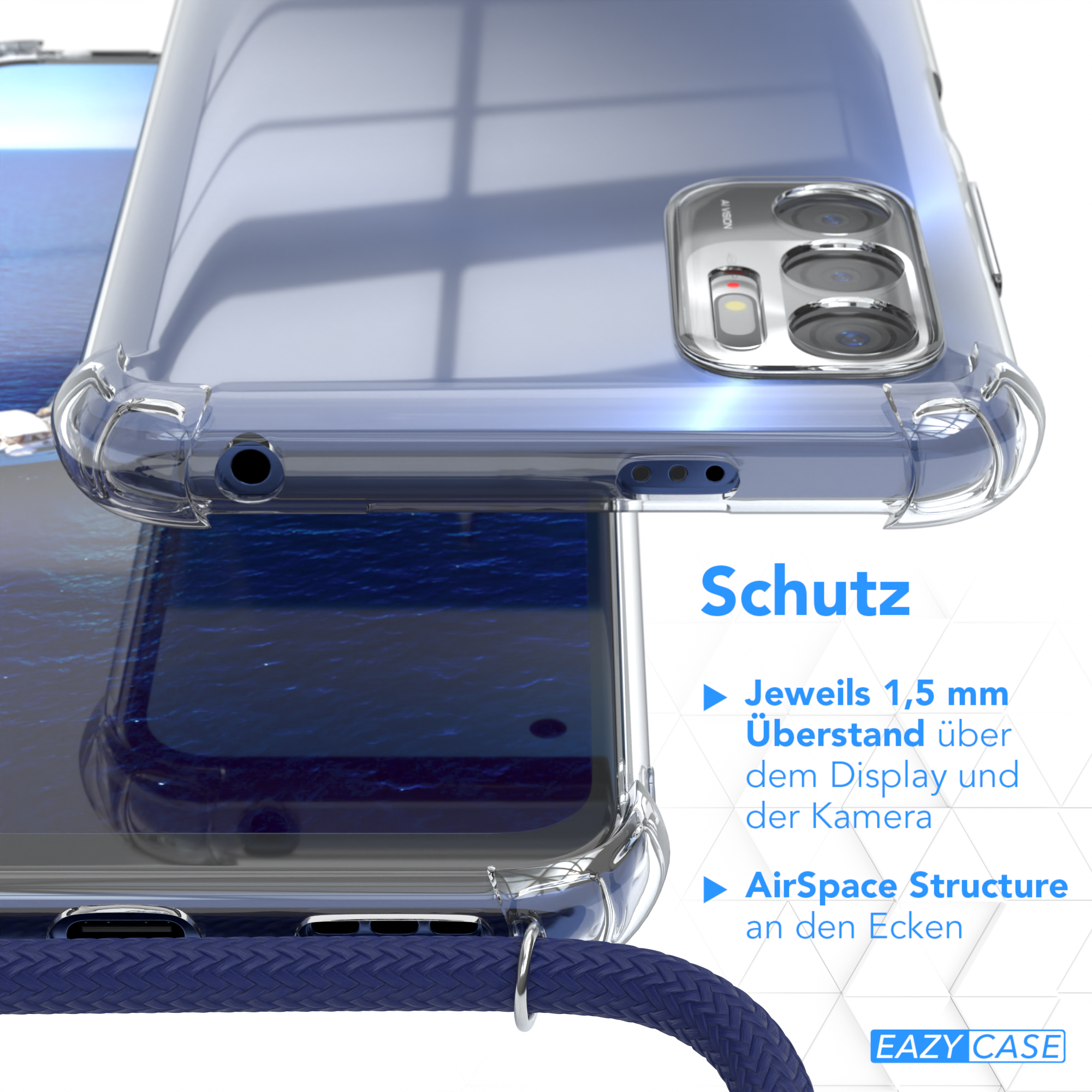 Nahaufnahme eines Telefons in einer transparenten Hülle mit blauem Band. Schutzfunktionen hervorgehoben.
