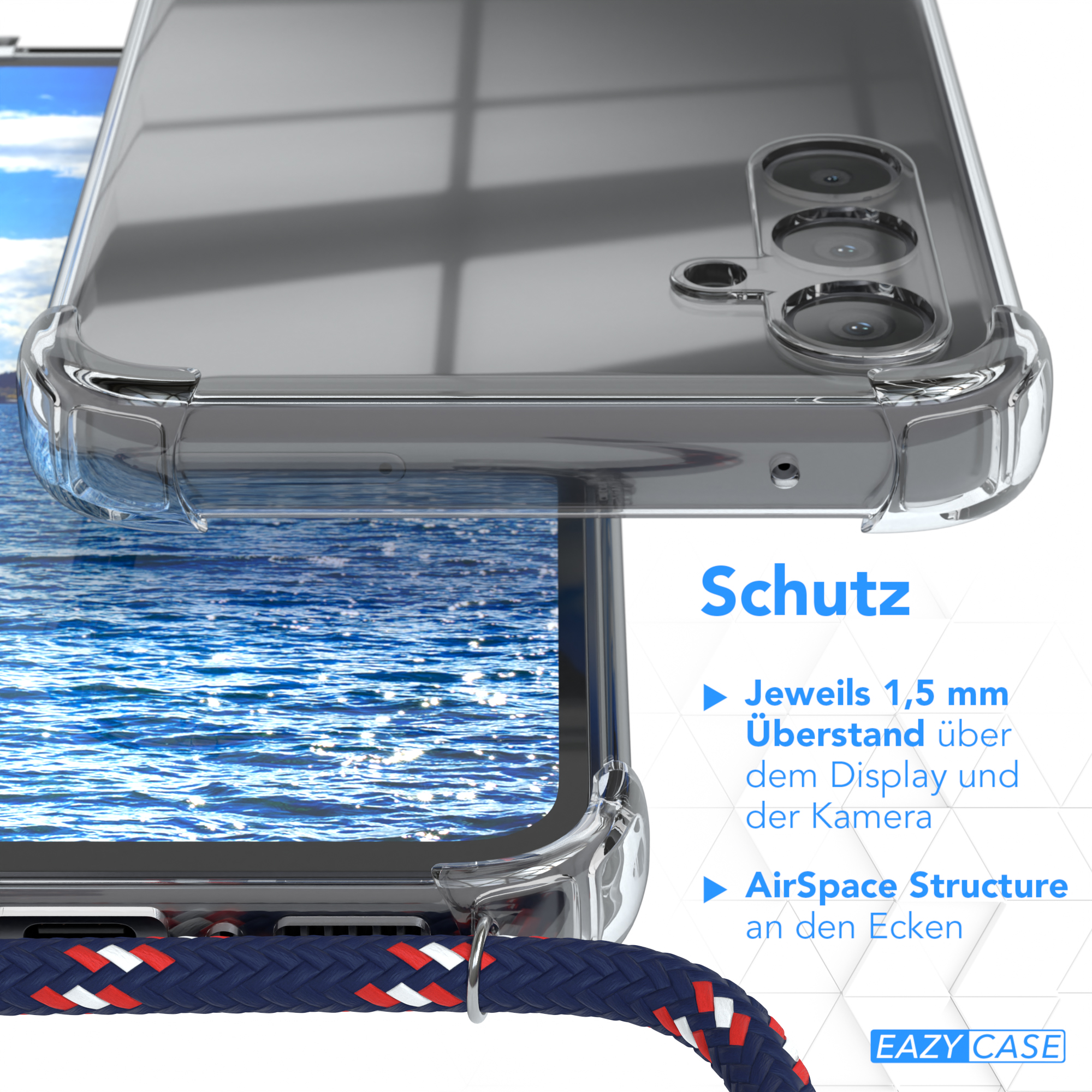 Transparente Handyhülle, Wasserhintergrund, blauer Gurt. Text: Schutz, AirSpace Structure, 1,5 mm Überstand.