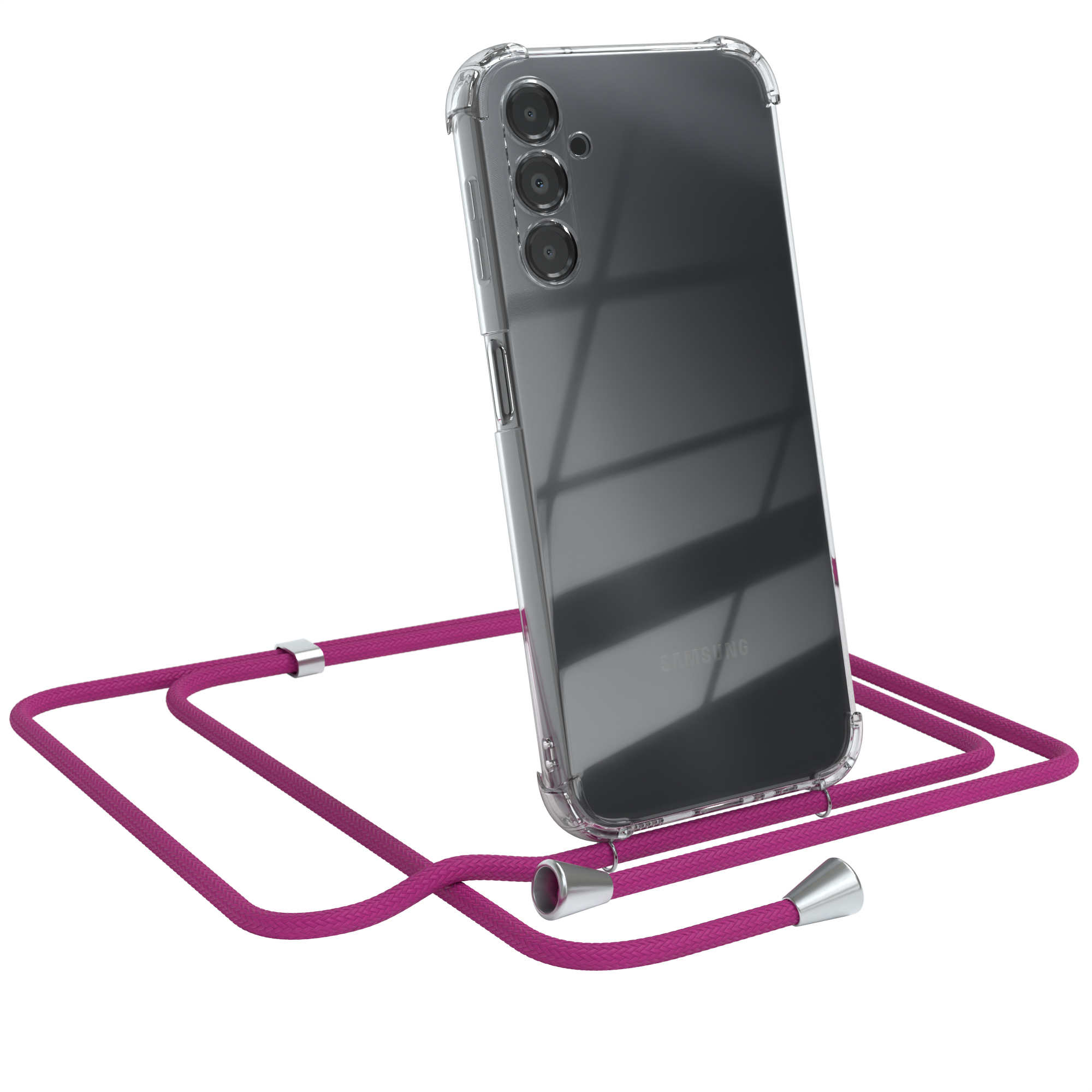 Klare Handyhülle mit Lanyard. Das Lanyard ist magenta mit silbernen Akzenten.