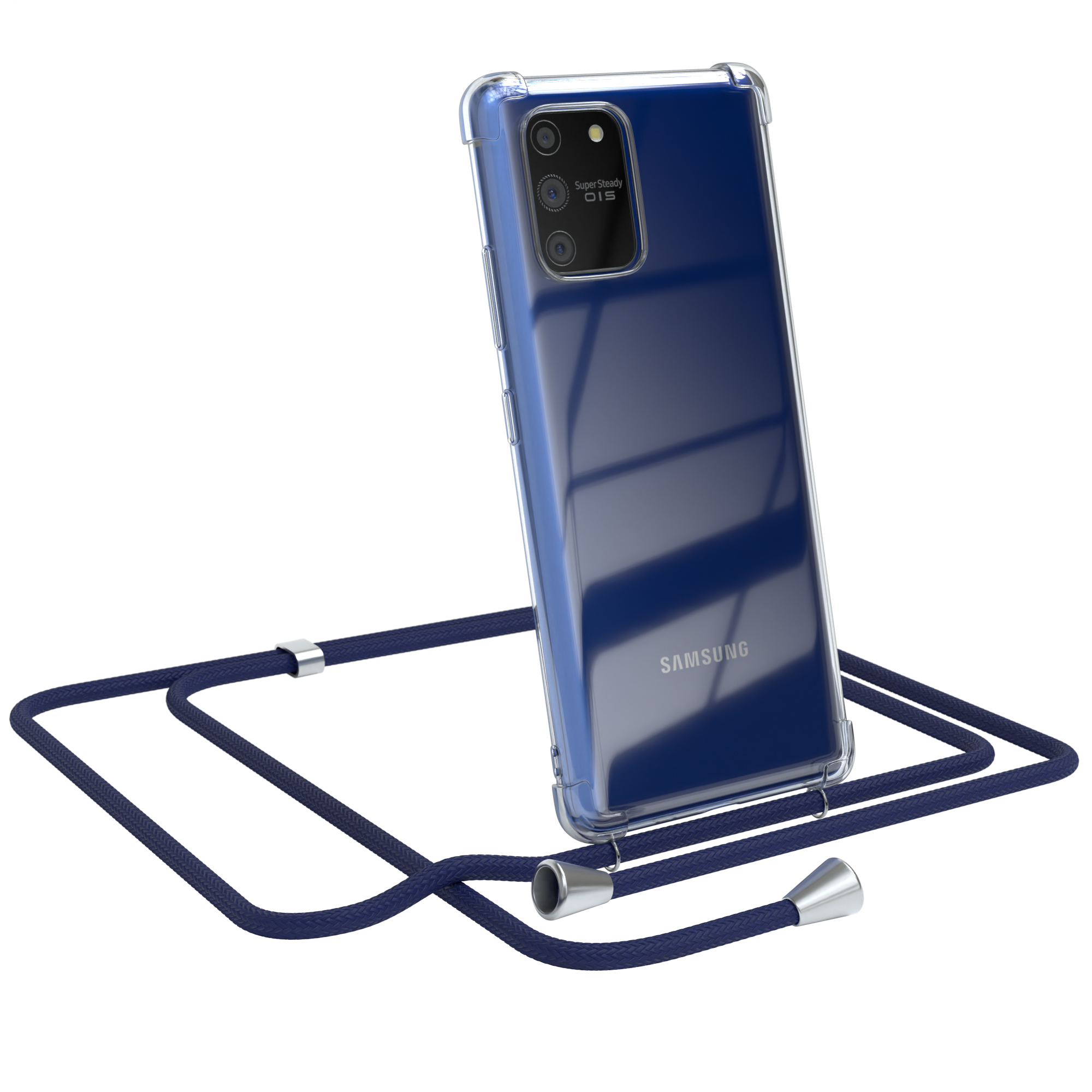 Ein Telefon in einer durchsichtigen Hülle mit einem marineblauen Lanyard. Das Telefon ist abgewinkelt.