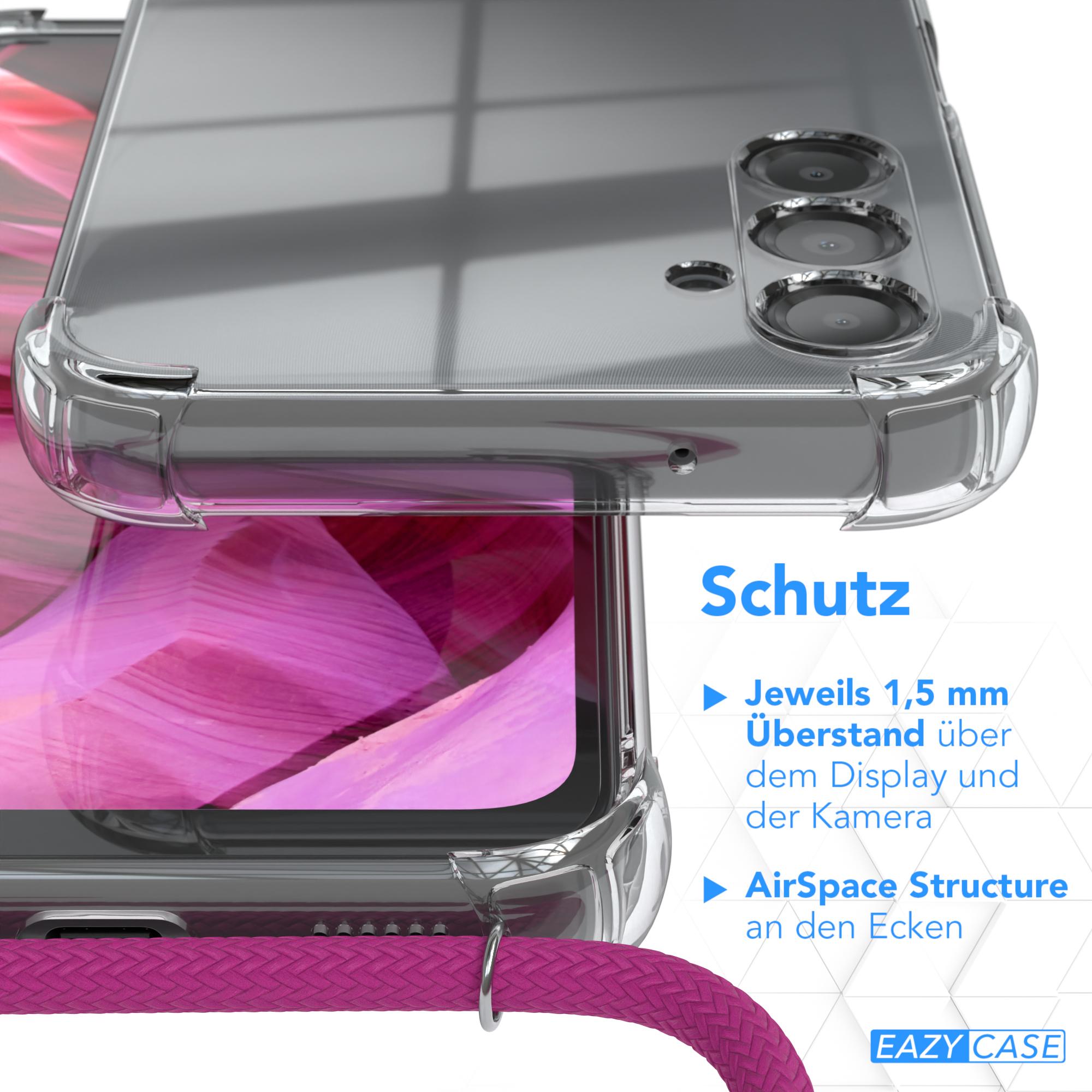 Samsung, Silber 5G, Galaxy mit CASE / Cover A14 Clear EAZY Umhängetasche, Pink Clips Umhängeband,