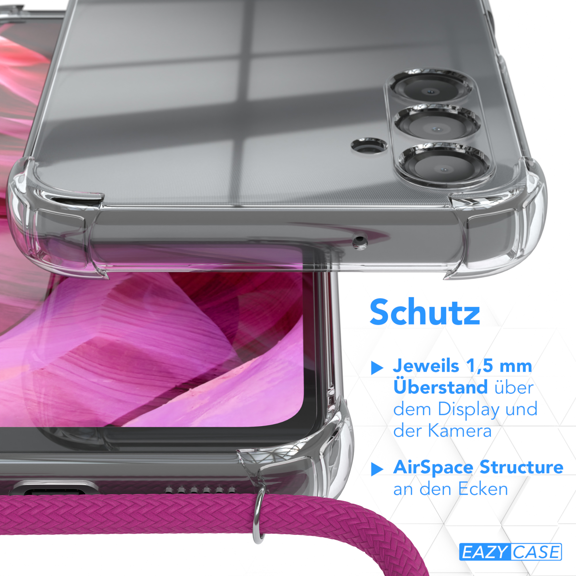 Eine transparente Handyhülle mit pinkfarbenem Kabel. Text hebt Schutzfunktionen hervor.