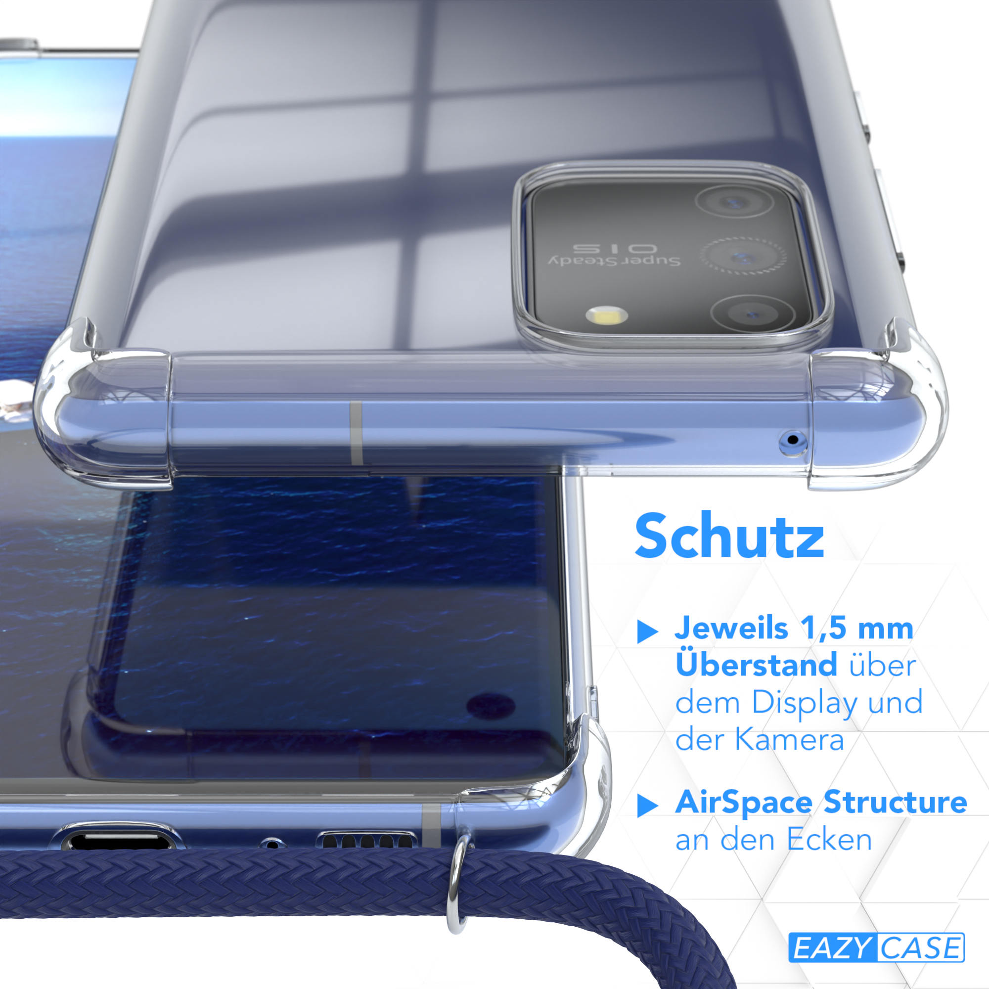Nahaufnahme einer Handyhülle, die Schutzfunktionen zeigt, mit blauem Telefonkabel und blauem Hintergrund.