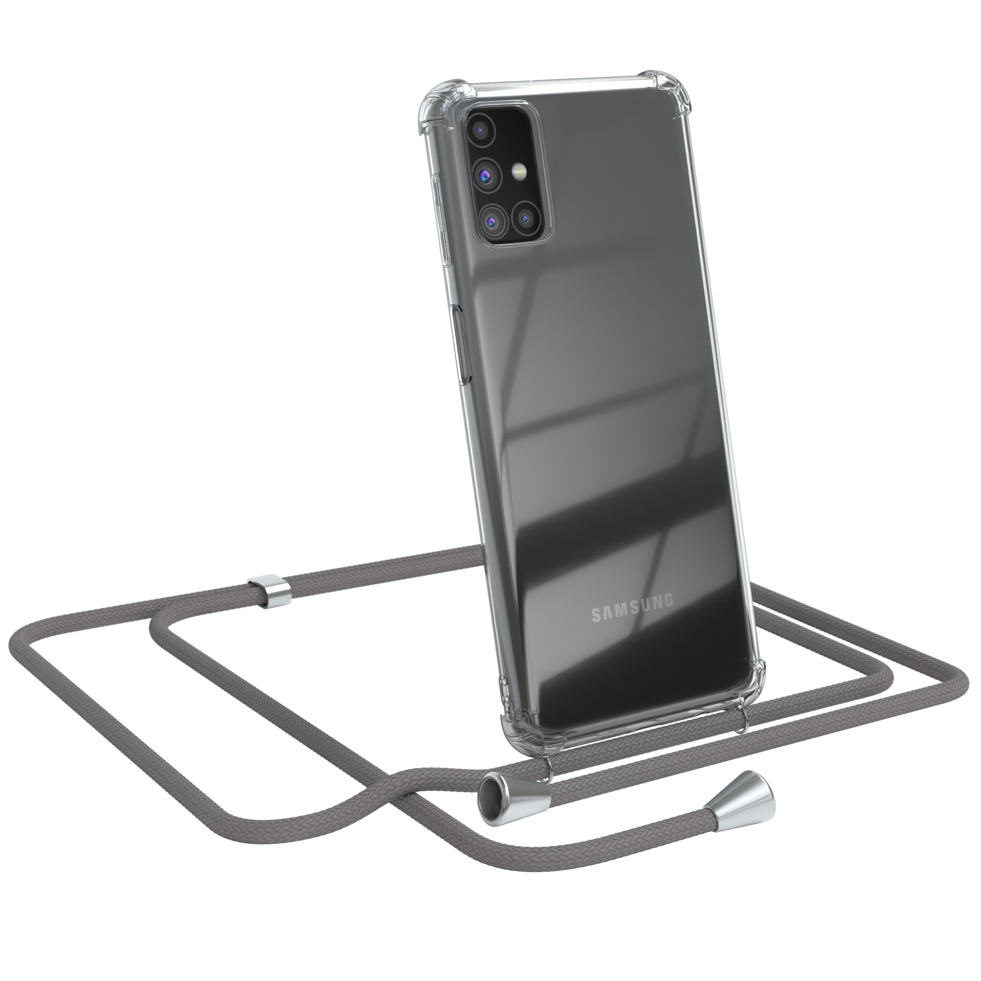 Transparente Samsung-Handyhülle mit grauem Lanyard. Silberne Details. Telefon auf weißer Oberfläche.