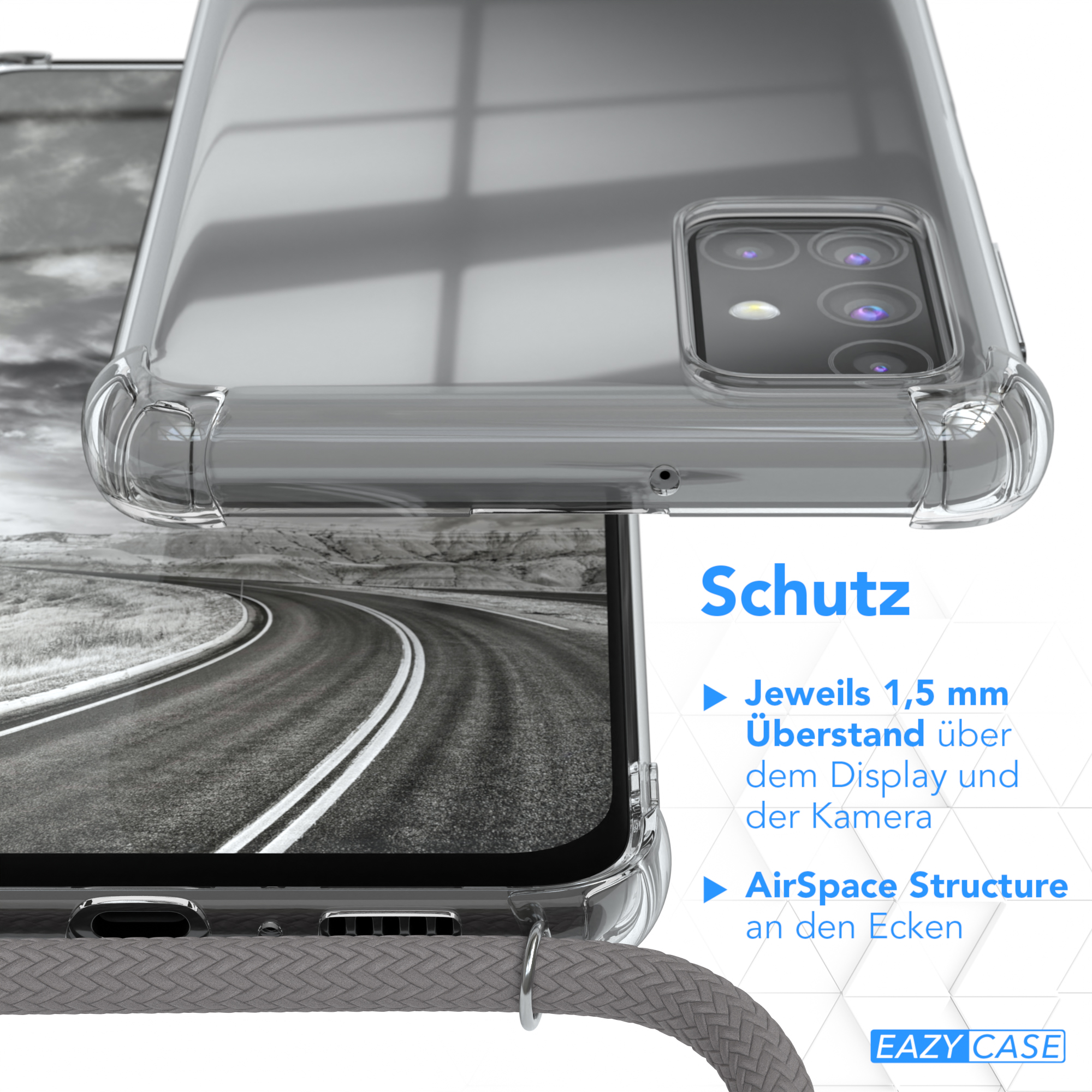 Transparente Handyhülle über einem Straßenbild. Text: Schutz. Eigenschaften: 1,5 mm Displayschutz.