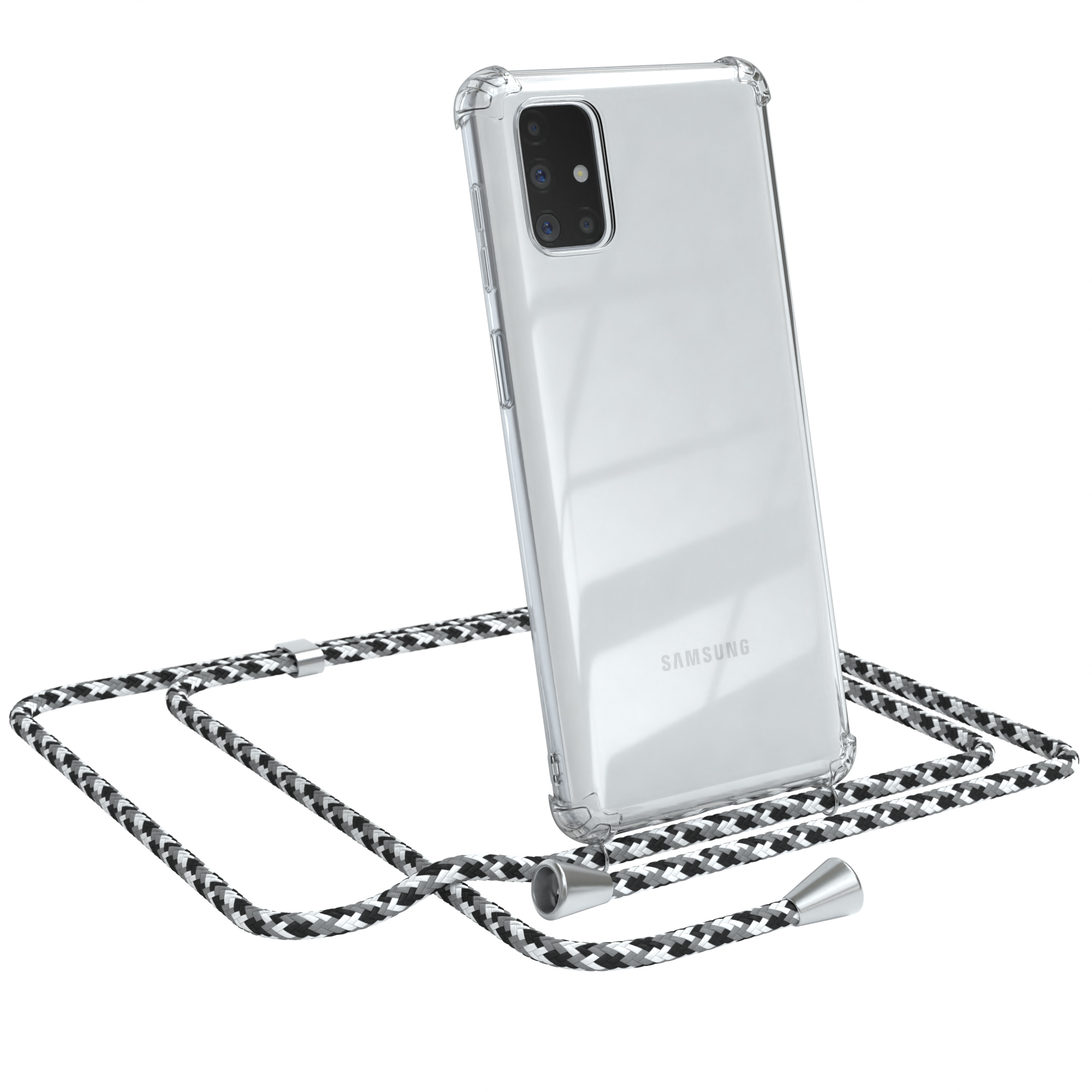 Transparente Handyhülle mit schwarz-weißem Kordel. Samsung-Handy-Rückseite sichtbar. Telefon ist angewinkelt.