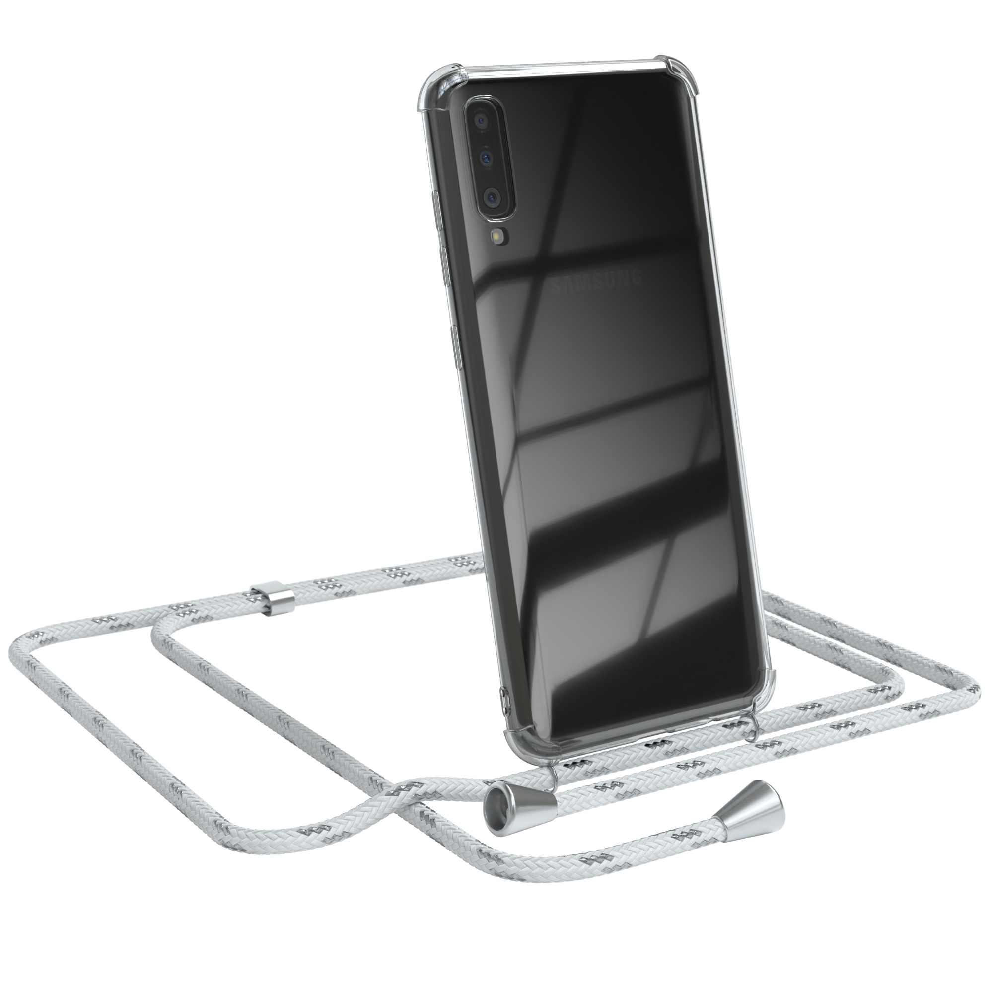 Transparente Handyhülle mit schwarz-grauem Umhängeband. Das Telefon hat eine Kamera, es ist ein iPhone.