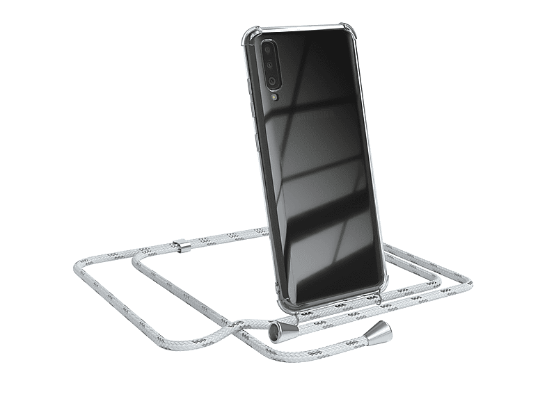 EAZY CASE Clear Cover mit Umhängeband, Umhängetasche, Samsung, Galaxy A70, Weiß / Clips Silber