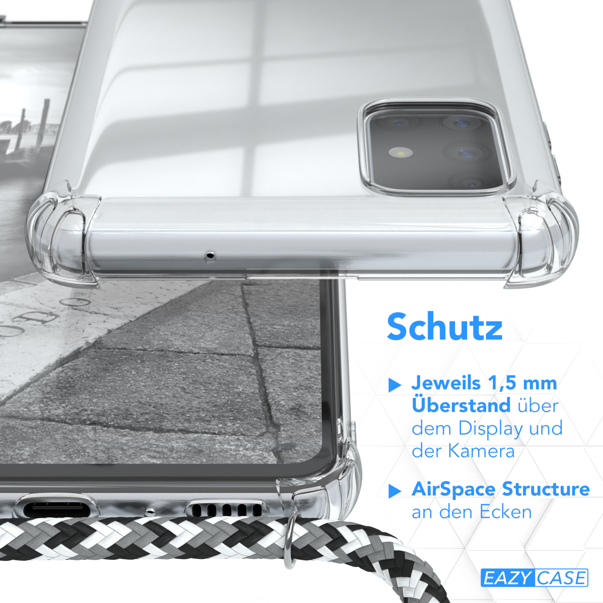Nahaufnahme einer durchsichtigen Handyhülle, zeigt Kamera und Ränder, mit schwarz-weißem Umhängeband.