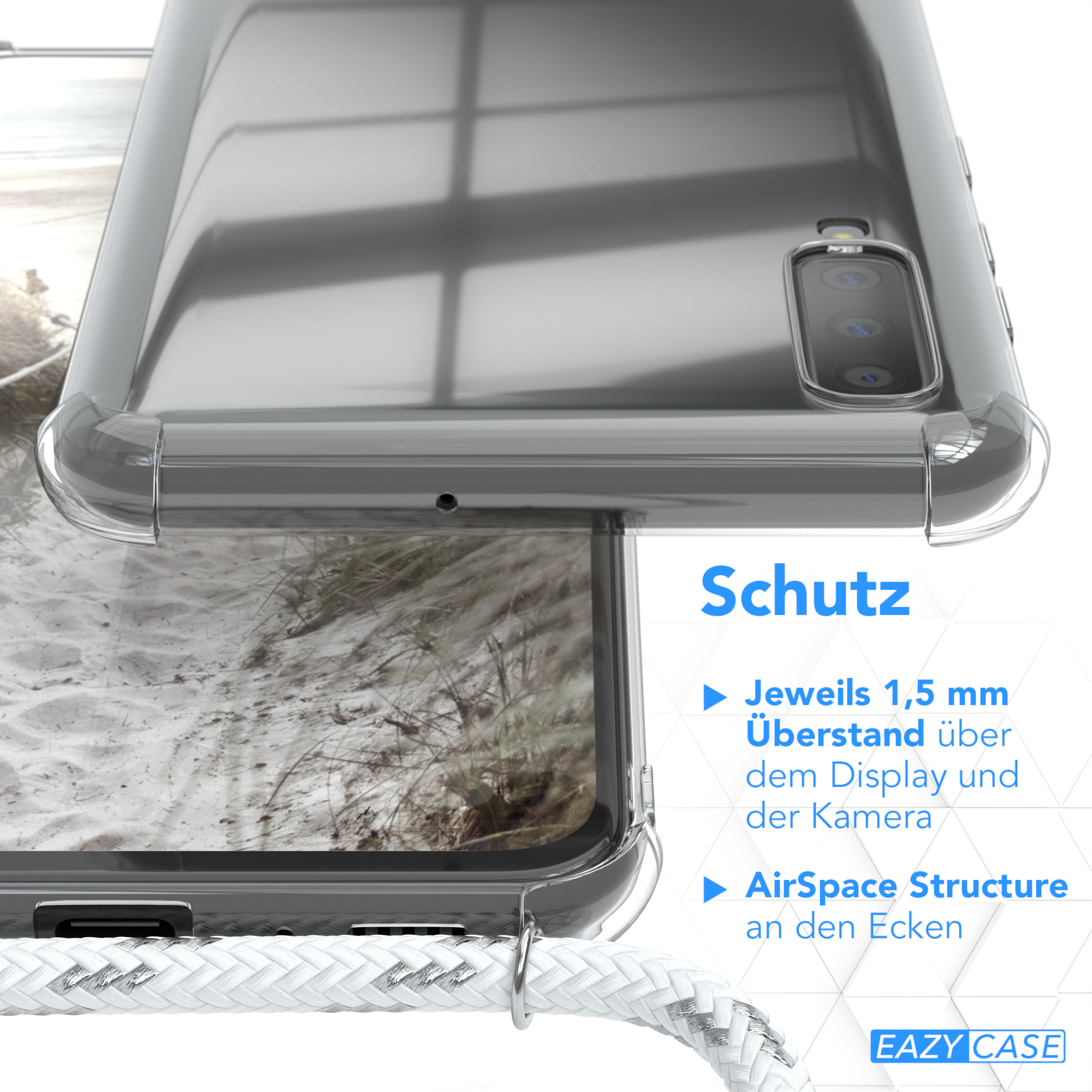 Nahaufnahme einer Handyhülle. Das Telefon ist darin. Die Hülle ist transparent mit weißem Band.