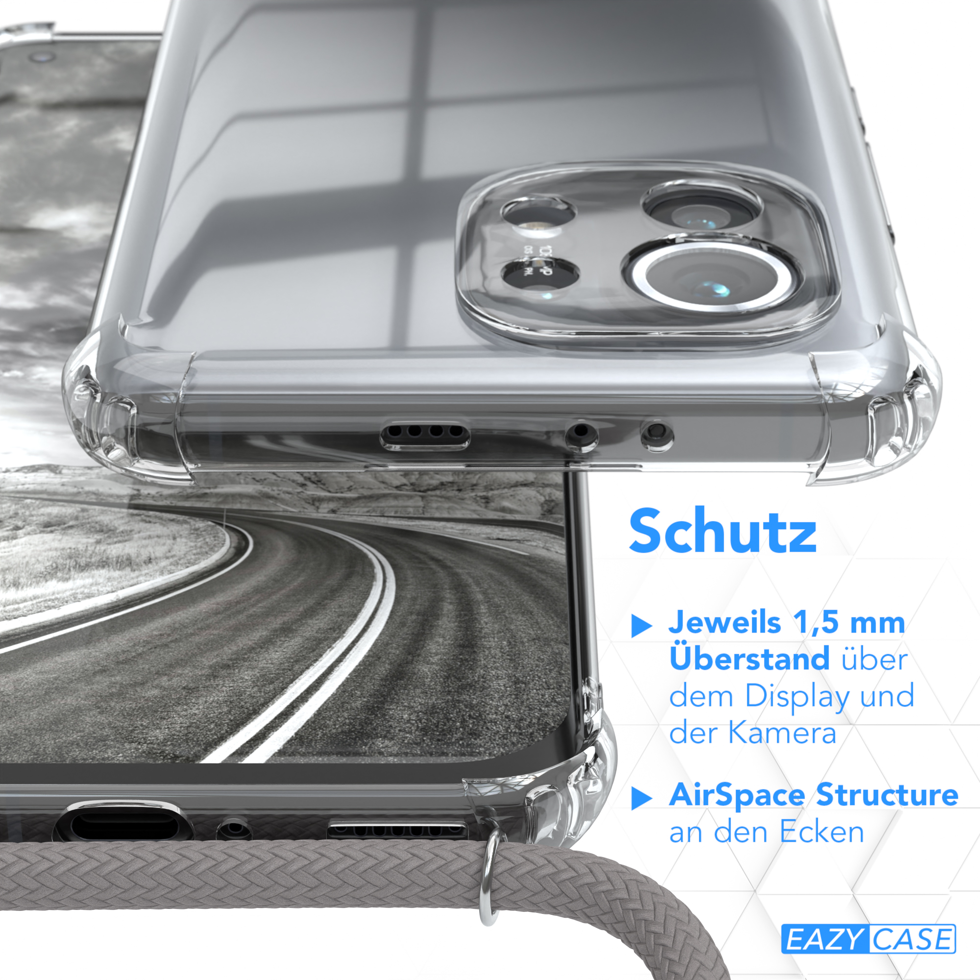 Transparente Handyhülle über einem Telefon. Text sagt 'Schutz' und Details zur Hülle.