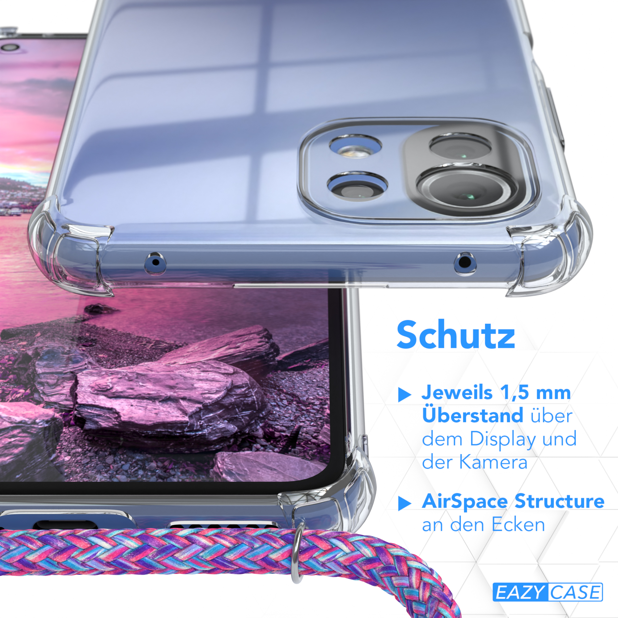 Handyhülle über Telefon, mit Text über Schutz und Funktionen. Nahaufnahme.