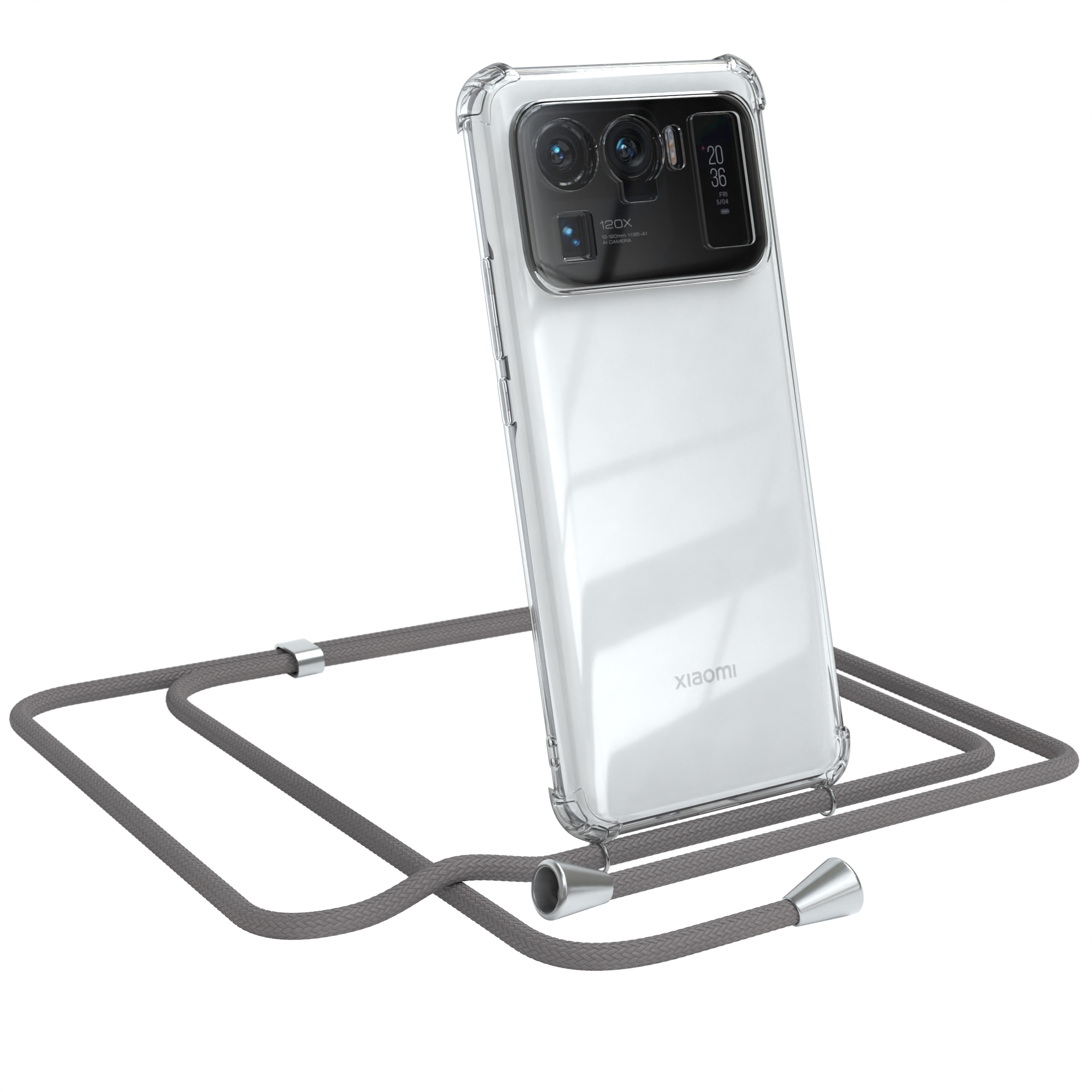 Transparente Handyhülle mit grauem Band. Das Telefon ist geneigt.
