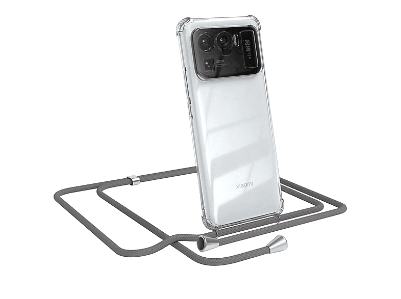 EAZY CASE Clear Cover mit Umhängeband, Umhängetasche, Xiaomi, Mi 11 Ultra, Grau / Clips Silber