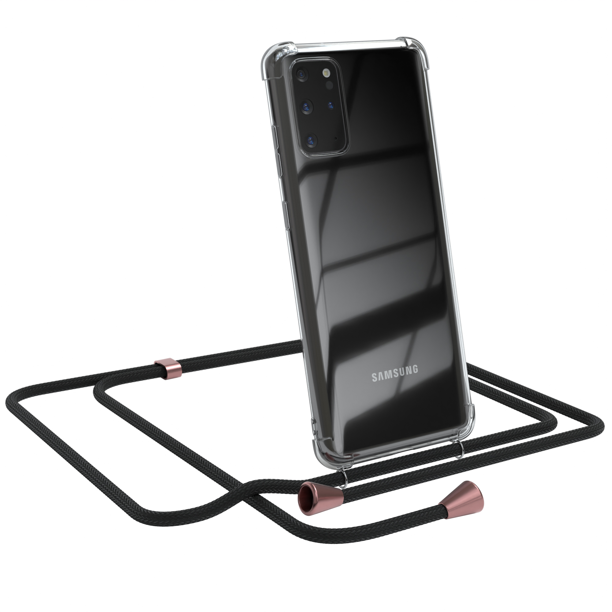 Eine transparente Handyhülle mit schwarzem Umhängeband. Ein Samsung-Telefon ist drin.