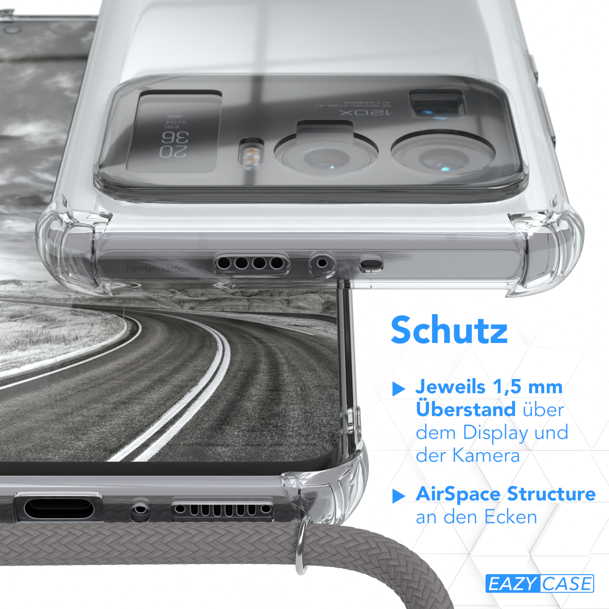 Eine klare Handyhülle über einem Telefon. Text liest Schutz und listet Funktionen auf.