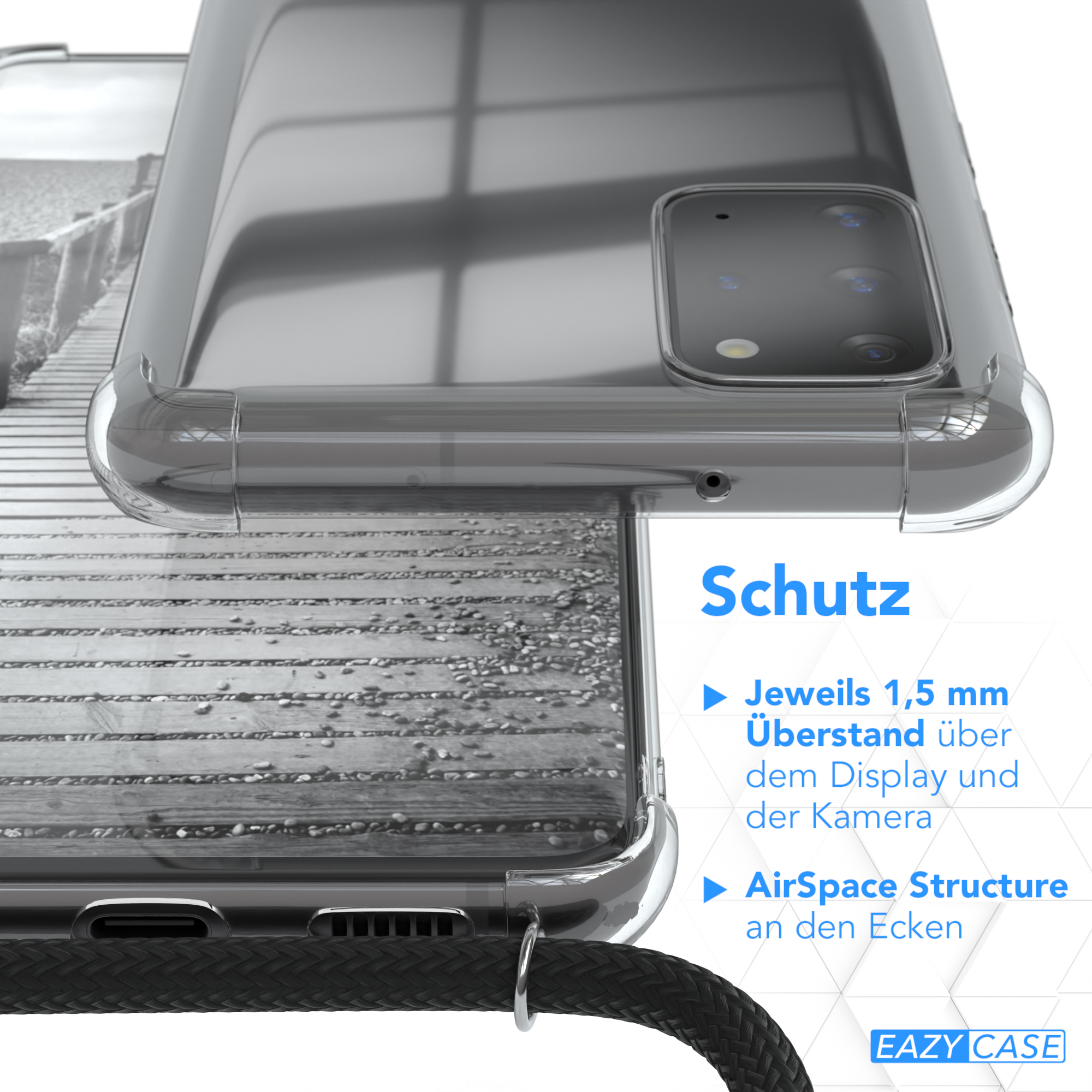 Nahaufnahme einer Handyhülle, die ihre Schutzfunktionen und das Eazy Case Logo zeigt.