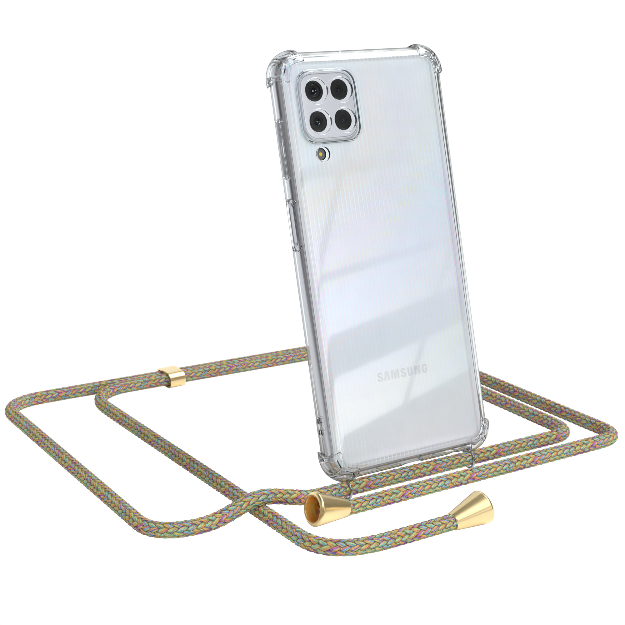 Telefon in klarer Hülle mit mehrfarbigem Kabel.