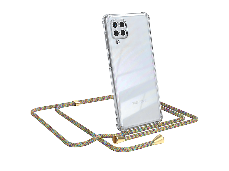 EAZY CASE Clear Cover mit Umhängeband, Umhängetasche, Samsung, Galaxy M22 / M32 / A22 4G, Bunt / Clips Gold