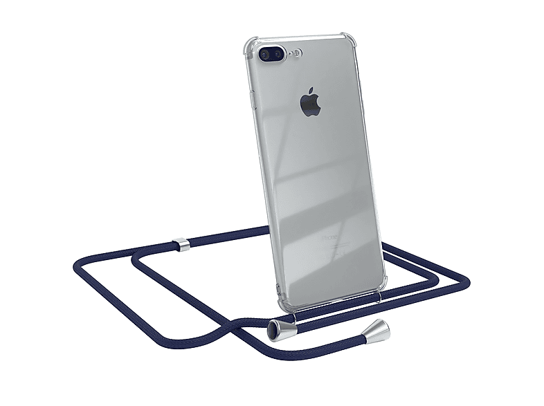 EAZY CASE Clear Cover mit Umhängeband, Umhängetasche, Apple, iPhone 8 Plus / 7 Plus, Blau / Clips Silber