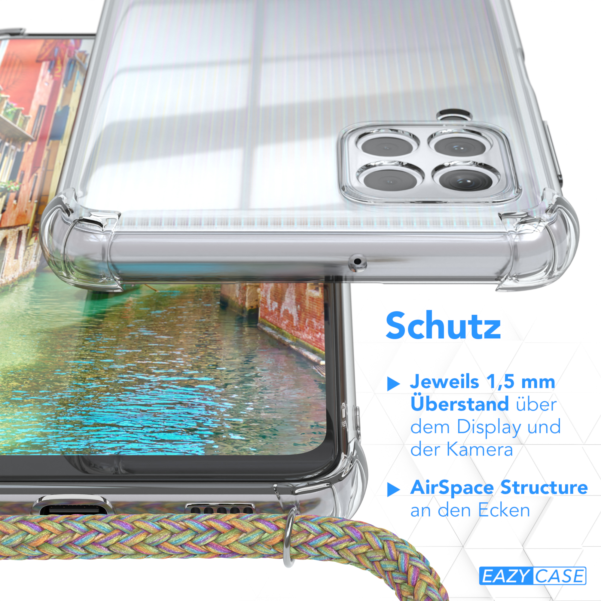 Transparente Handyhülle mit Kanalszene, zeigt Schutzfunktionen. Text: Schutz. AirSpace-Struktur an den Ecken.