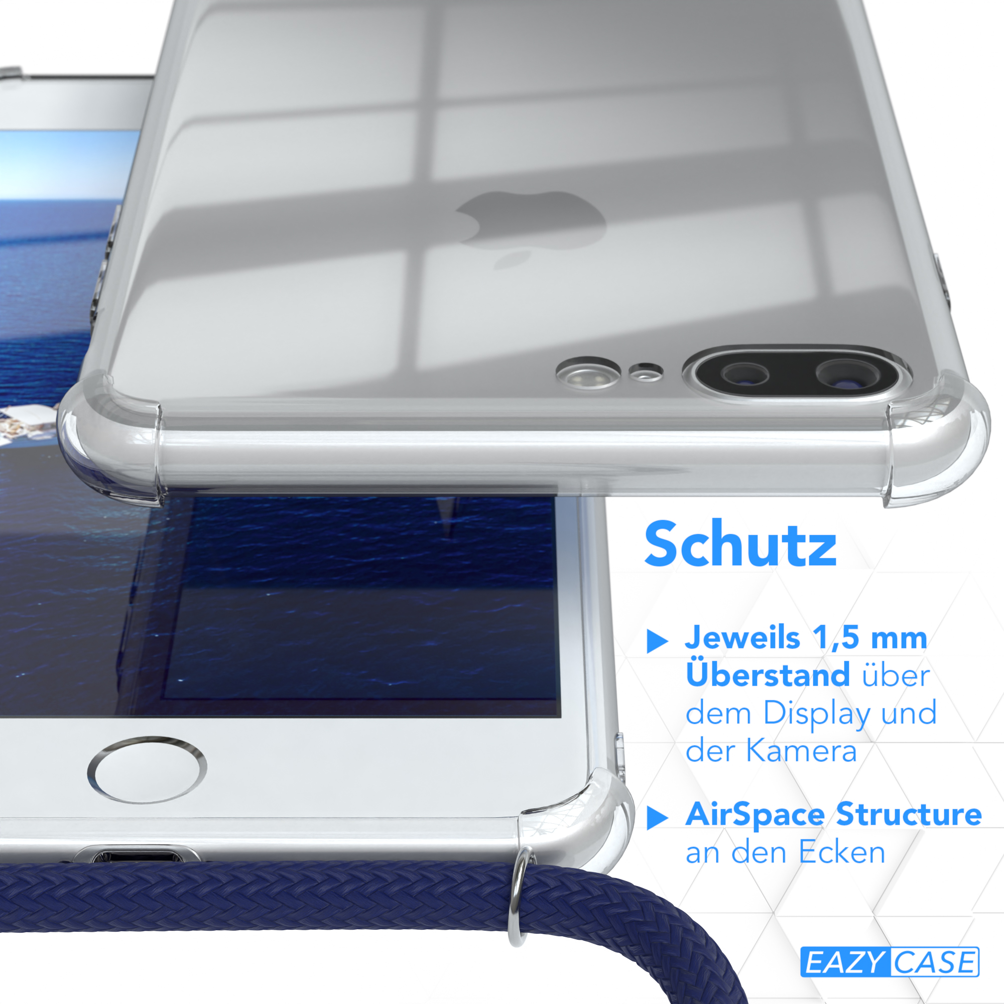 Nahaufnahme einer transparenten Handyhülle, die ein Telefon schützt. Text hebt Eck- und Displayschutz hervor.