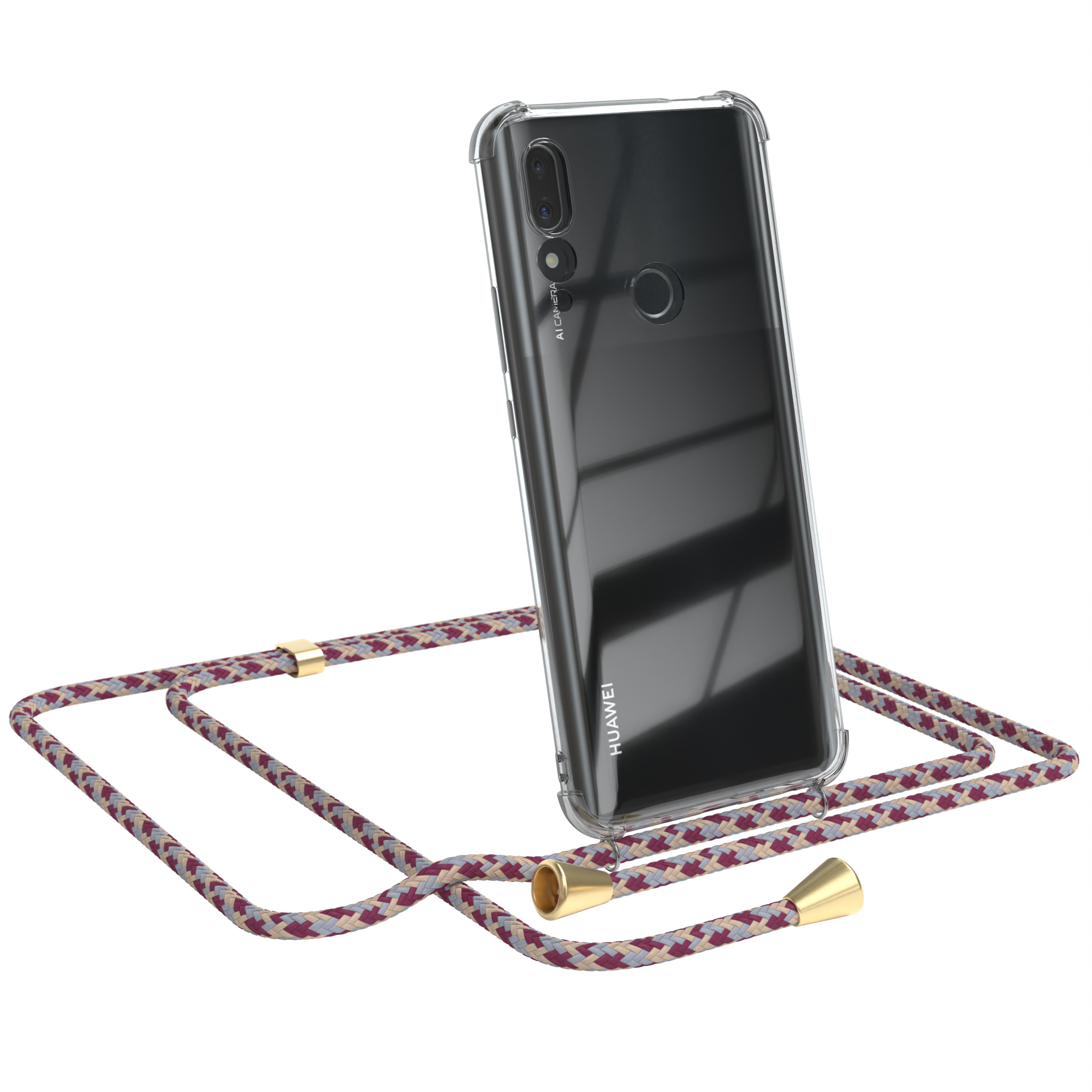 Transparente Handyhülle mit gemusterter Kordel. Huawei-Logo sichtbar. Weißer Hintergrund.
