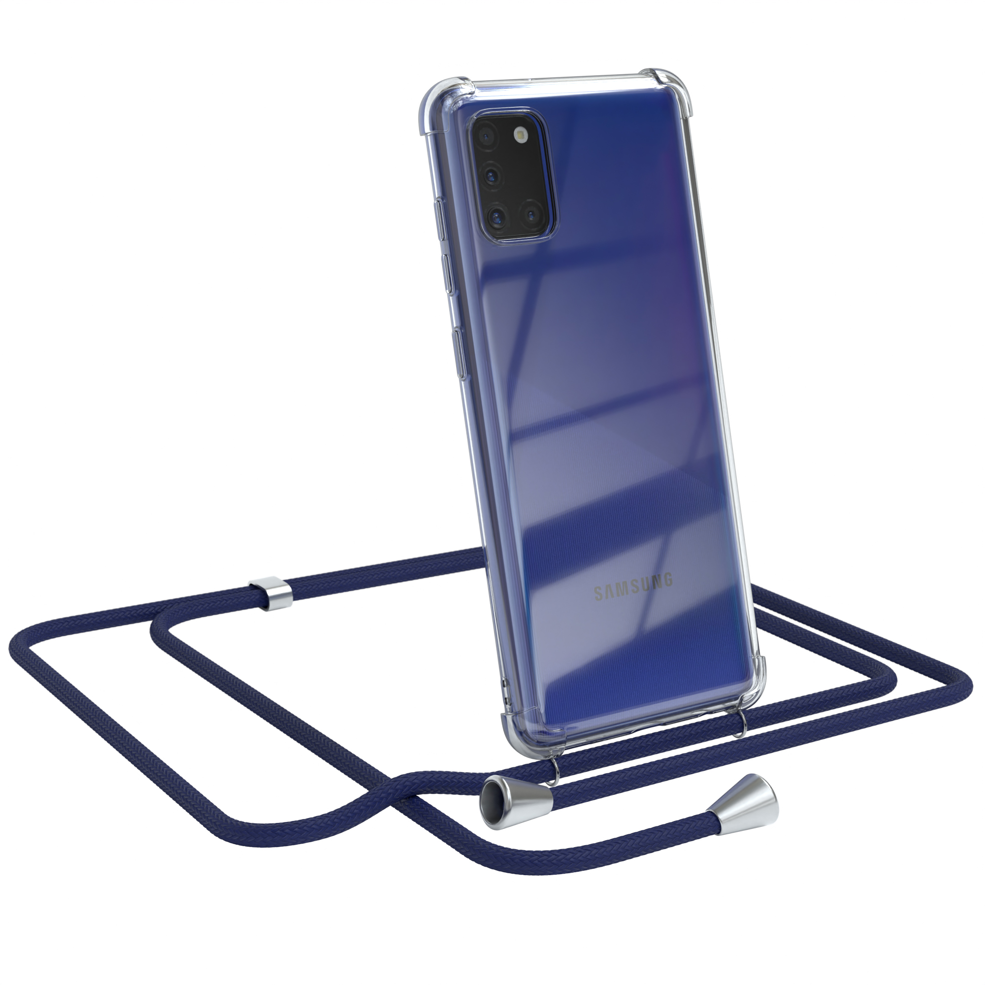 Dunkelblaues Telefon mit klarer Hülle und dunkelblauem Kabel. Marke Samsung.