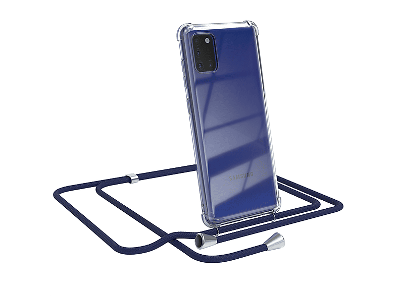 EAZY CASE Clear Cover mit Umhängeband, Umhängetasche, Samsung, Galaxy A31, Blau / Clips Silber
