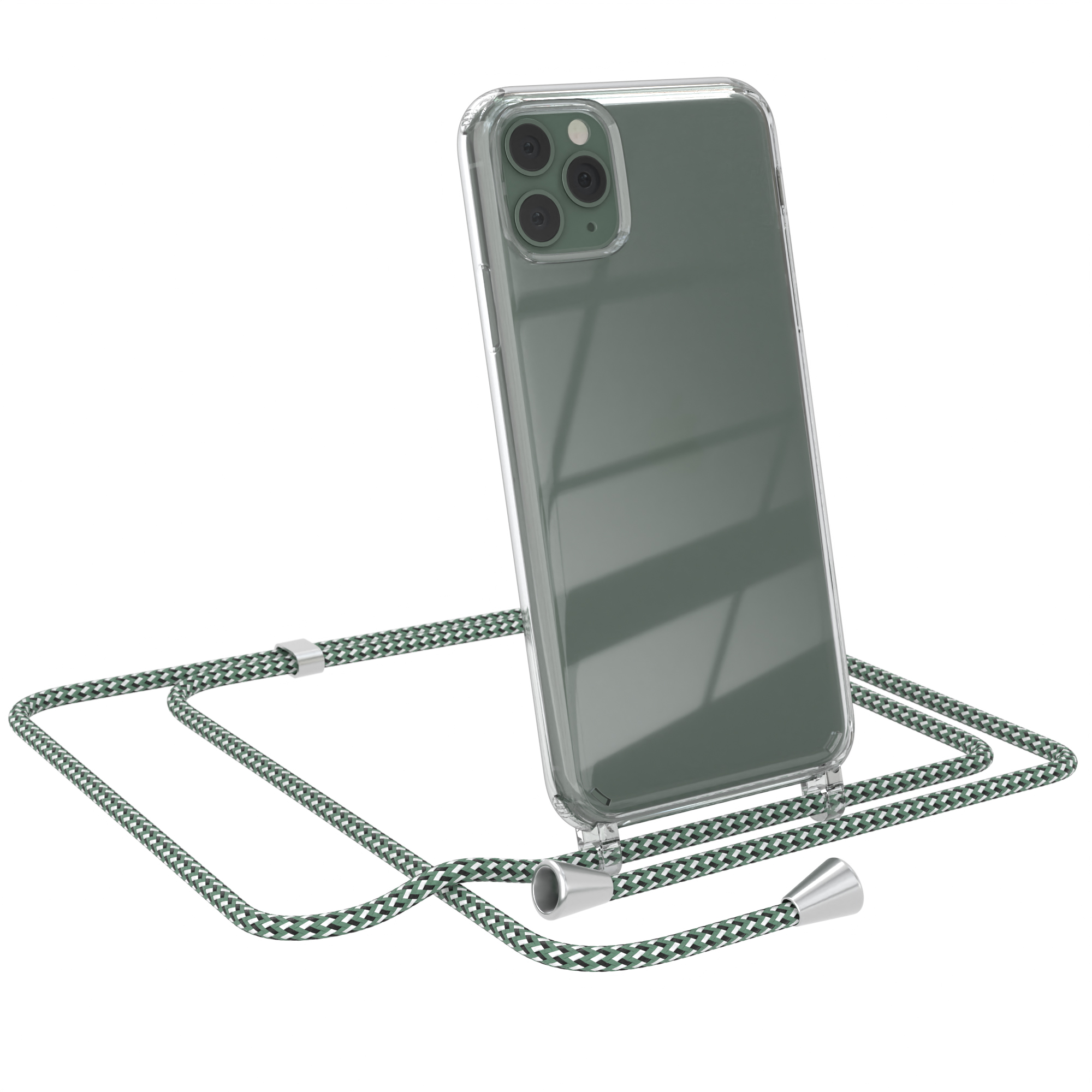 Transparente Handyhülle mit grünem Kabel. Telefon ist angewinkelt, zeigt die Rückkameras.