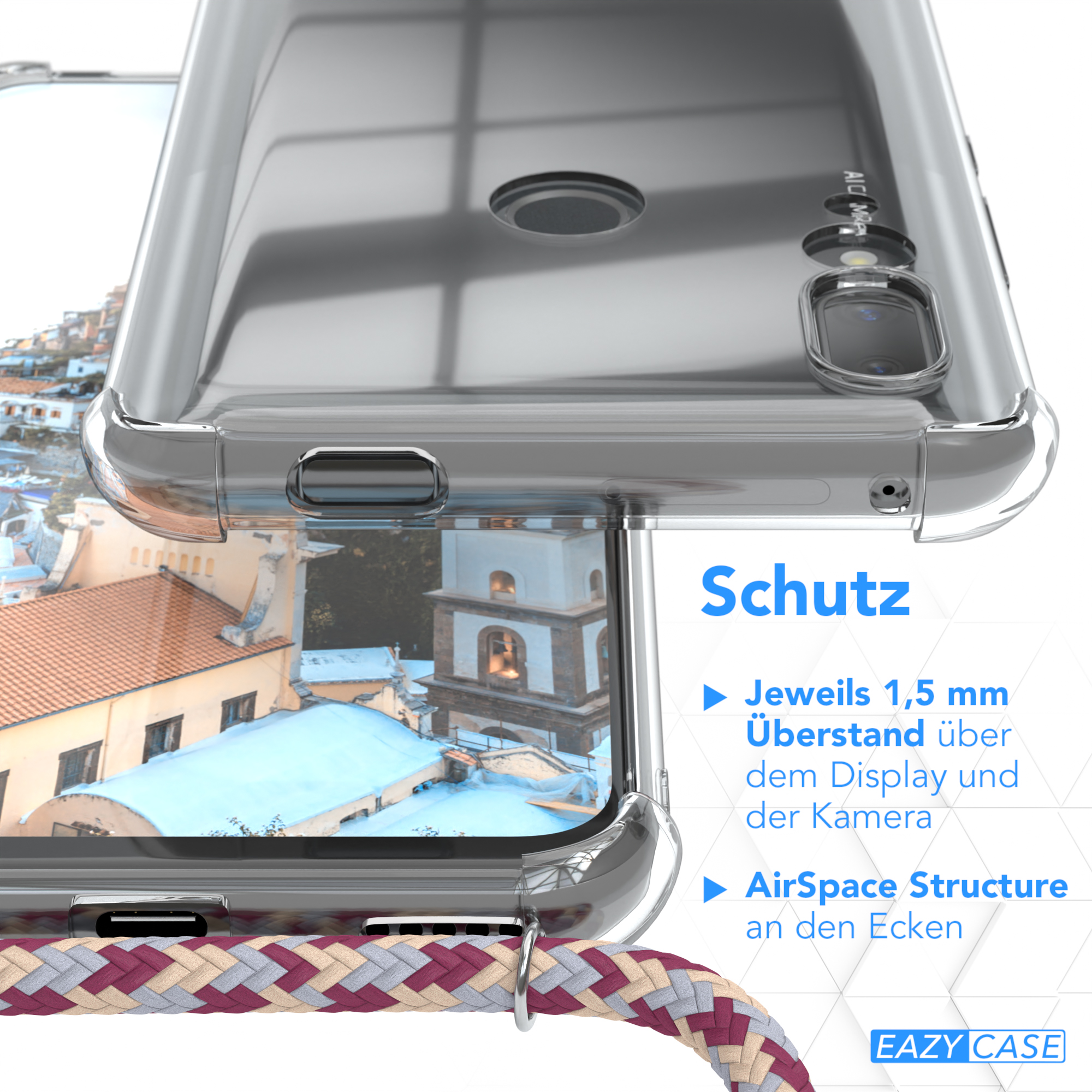 EAZY CASE Clear Cover Clips Umhängeband, Huawei, Gold Rot (2019), / mit Prime Y9 Smart / Beige Camouflage P Umhängetasche, Z
