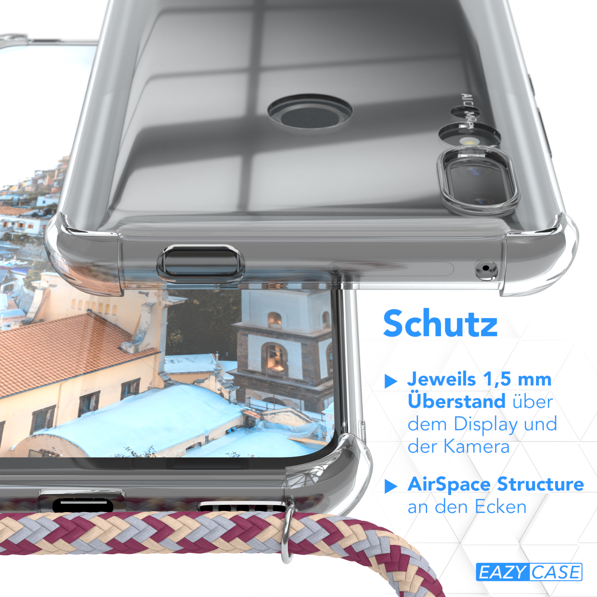 Nahaufnahme einer Handyhülle mit Schutzfunktionen und einem malerischen Hintergrund.