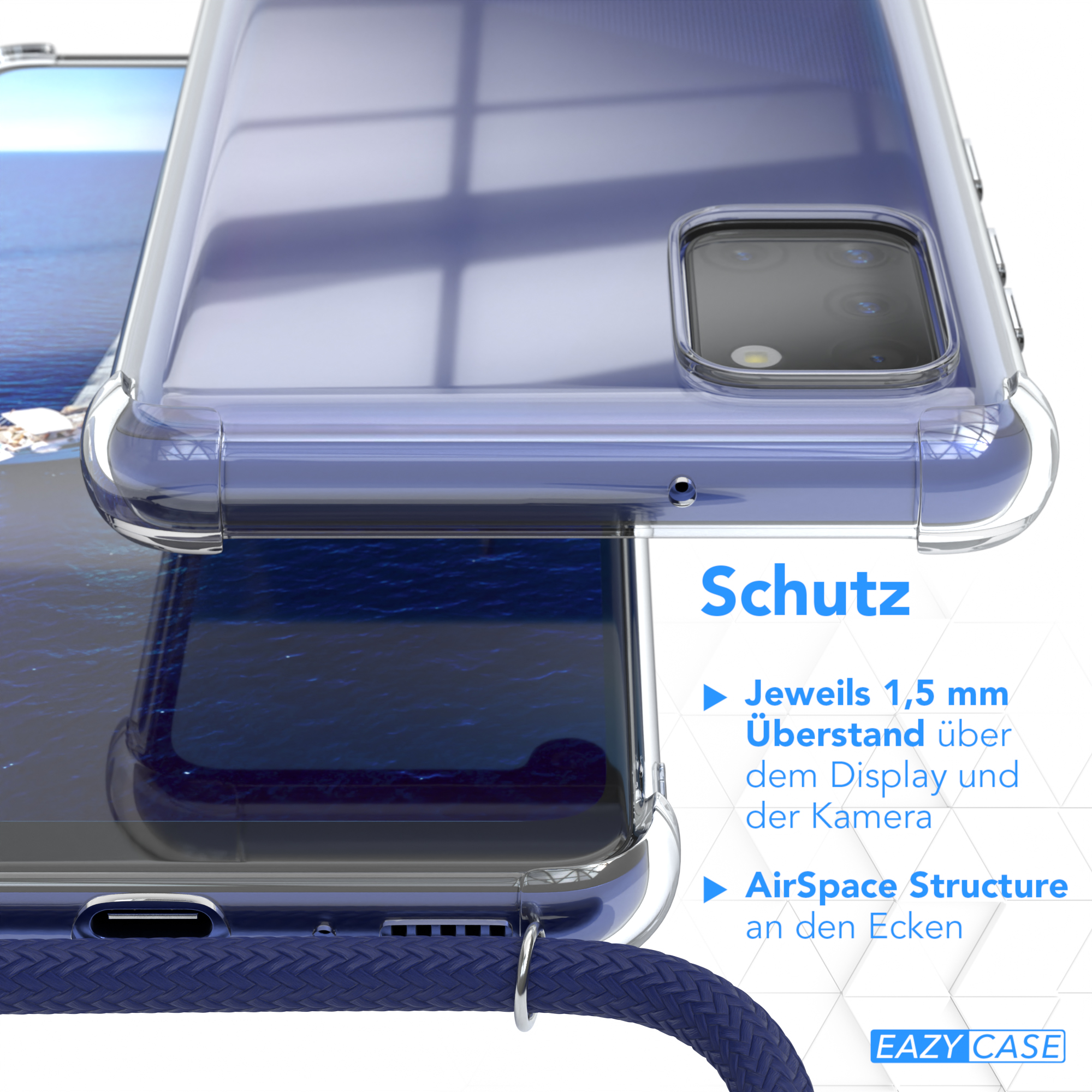 Transparente Handyhülle auf blauem Hintergrund, mit Details.