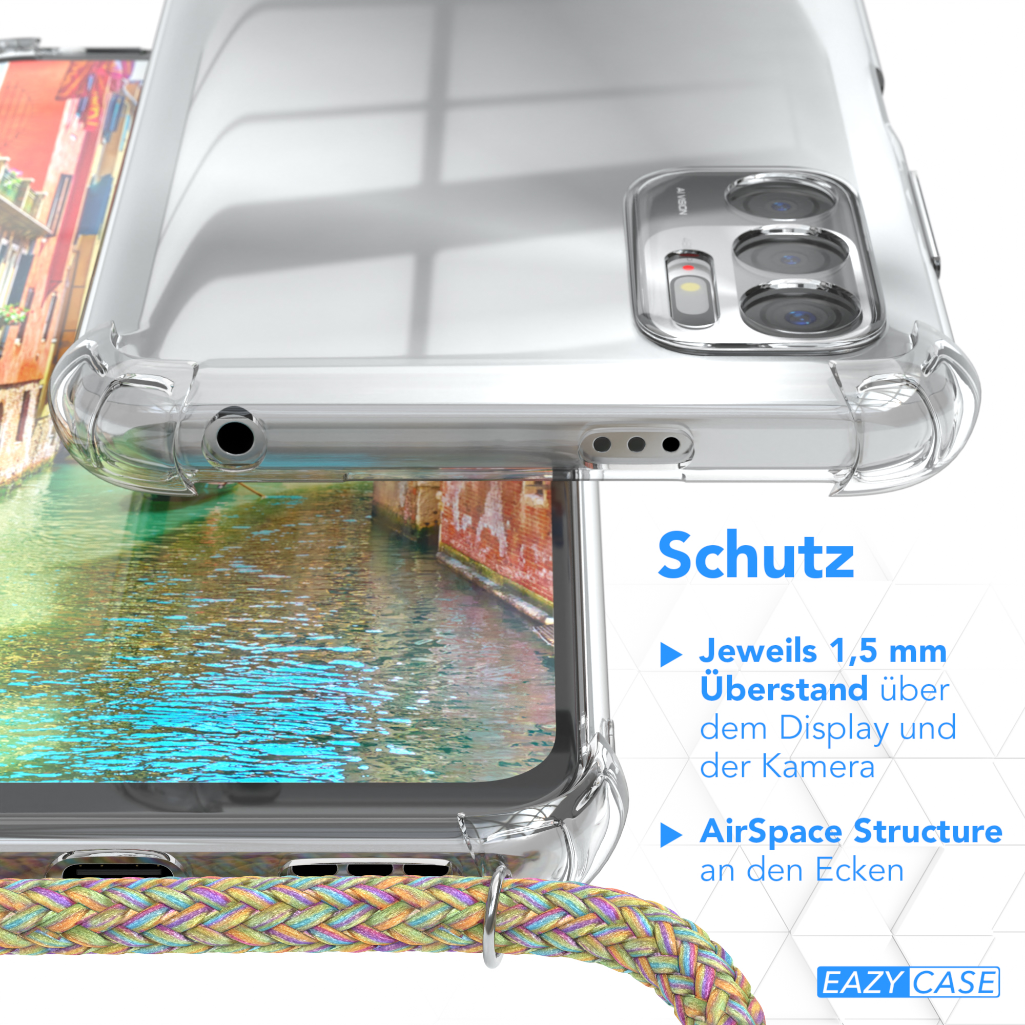 Transparente Handyhülle mit Text. Zeigt Schutzdetails.