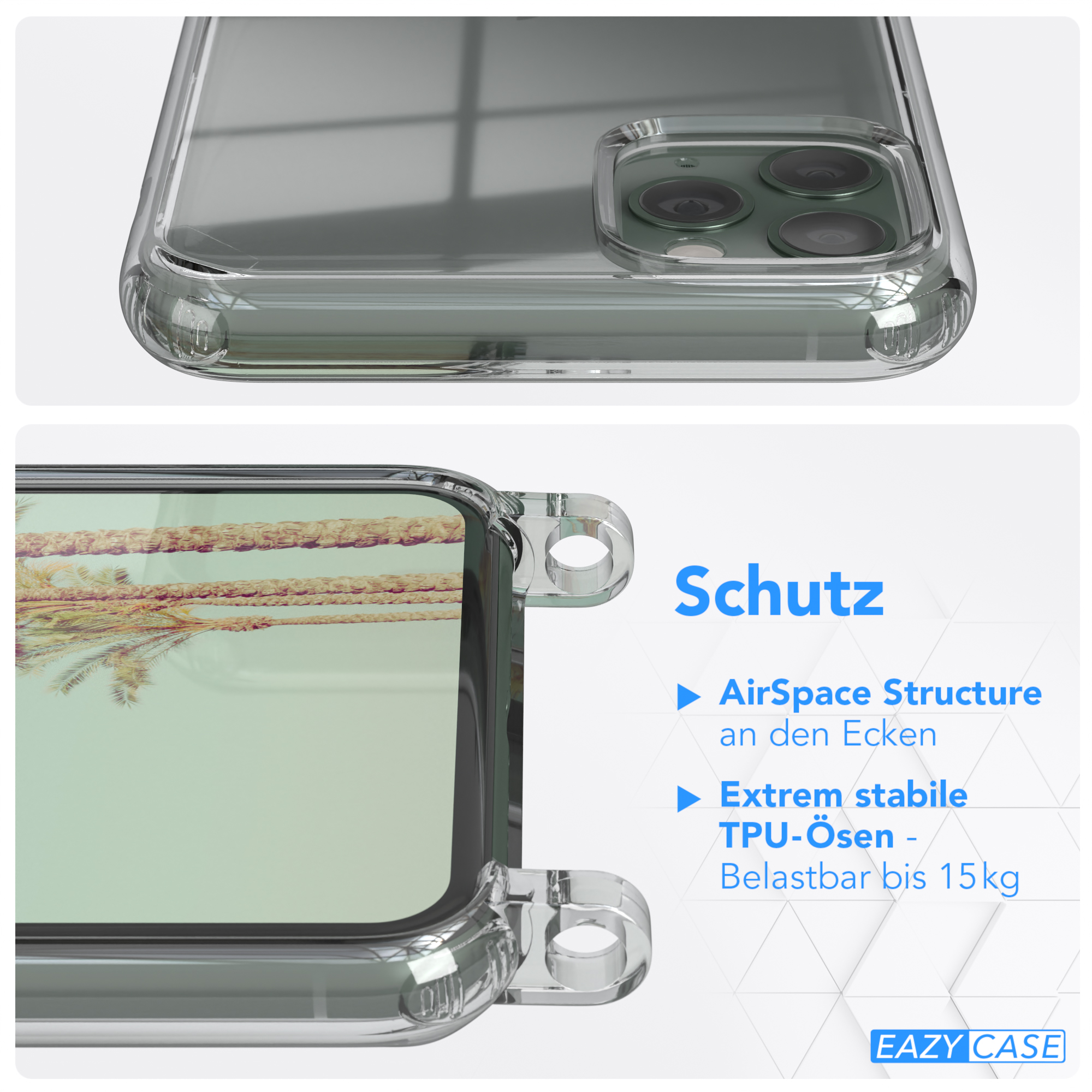 Transparente Handyhülle über einem Telefon. Text über Schutz und Haltbarkeit. EAZY CASE Logo.