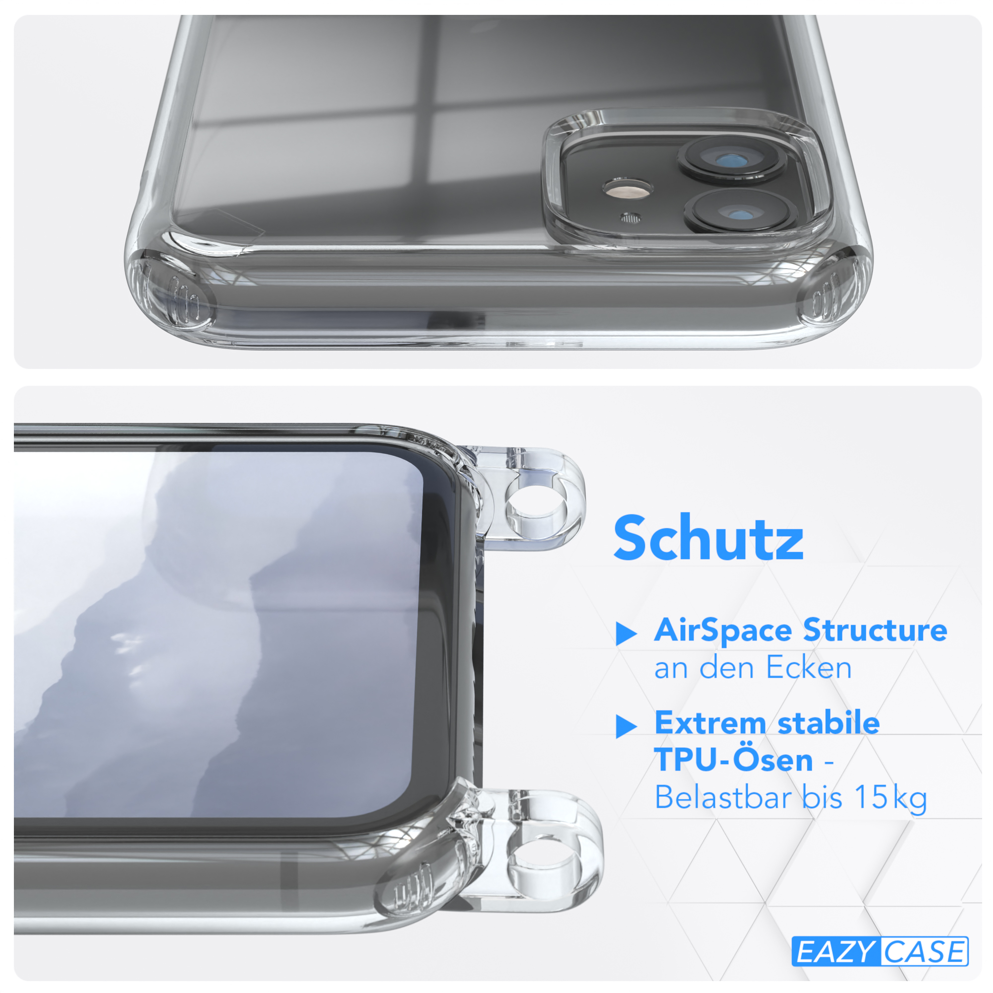iPhone 11, Apple, Clear Umhängetasche, Blau Umhängeband, CASE mit Cover EAZY