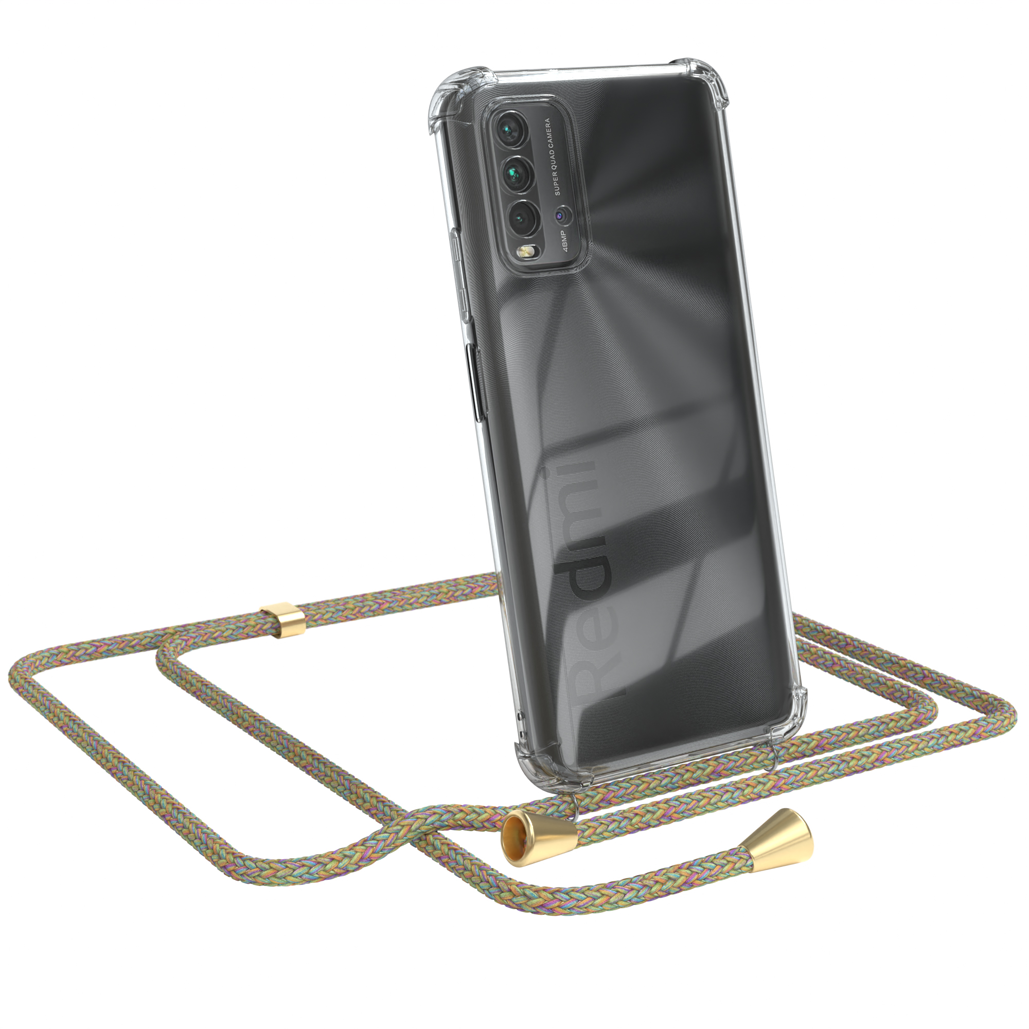 Telefon in klarer Hülle mit Seil. Es hat goldfarbene Enden. Das Telefon ist schwarz mit einem Redmi-Logo.