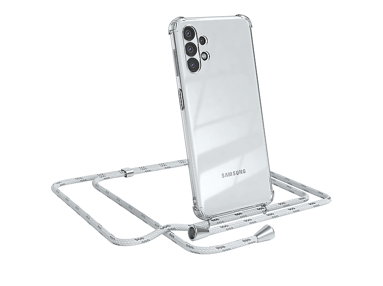 EAZY CASE Clear Cover mit Umhängeband, Umhängetasche, Samsung, Galaxy A32 5G, Weiß / Clips Silber