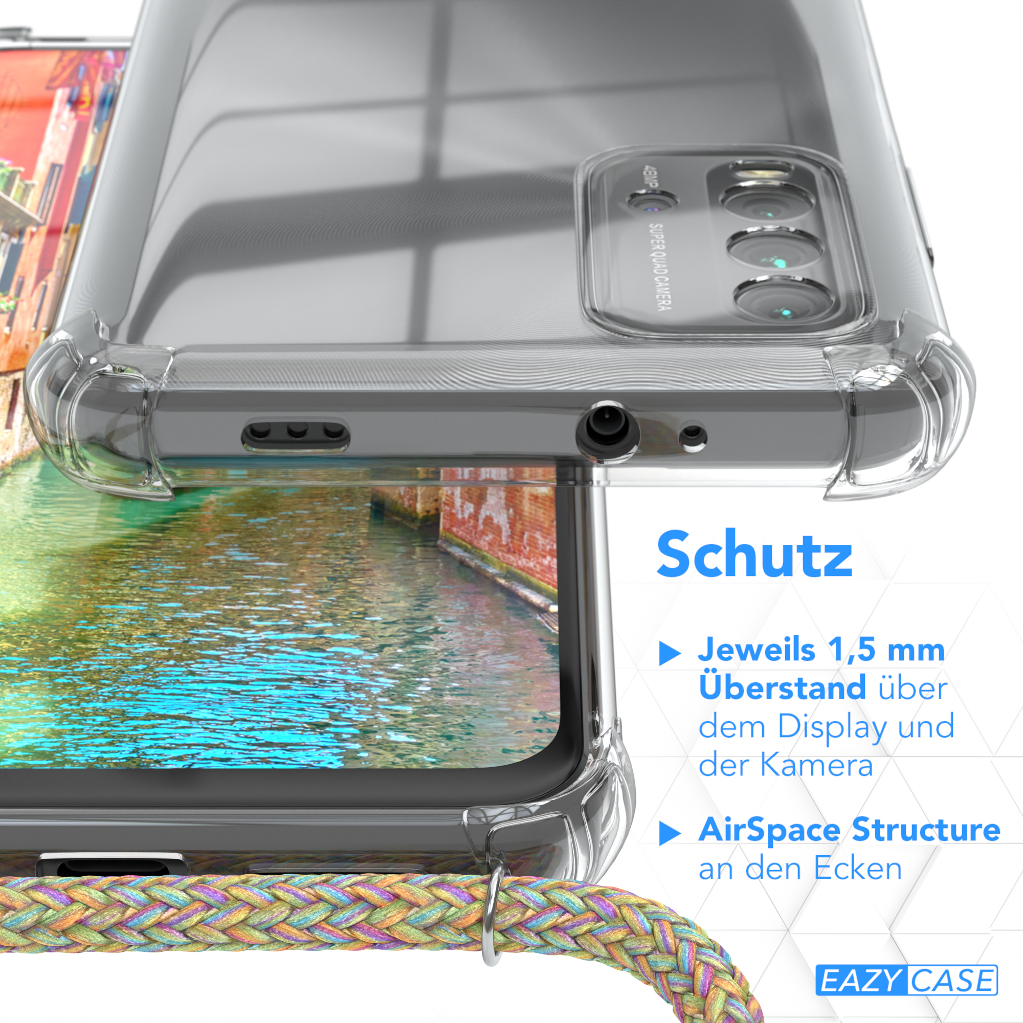 Eine transparente Handyhülle mit Text 'Schutz'. Ein farbenfrohes Seil ist befestigt.
