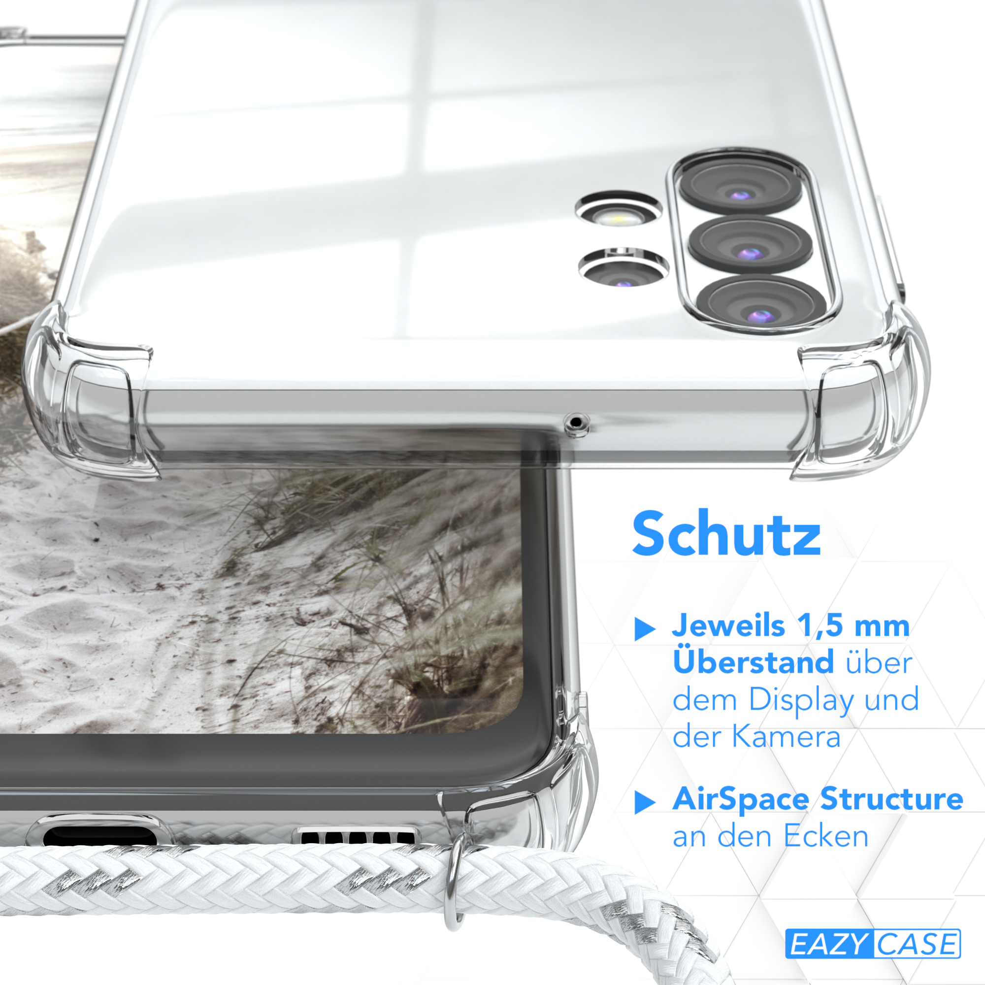Nahaufnahme einer durchsichtigen Handyhülle. Das Gehäuse schützt das Telefon. Das Gehäuse schützt die Kamera.