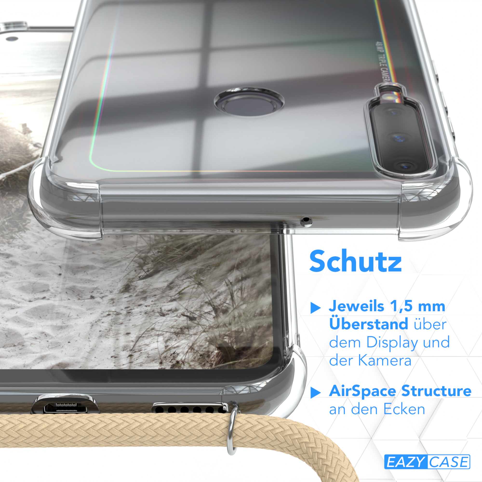 Transparente Handyhülle, beiges Seil und Text. Die Hülle liegt über einer verschwommenen Strandszene.