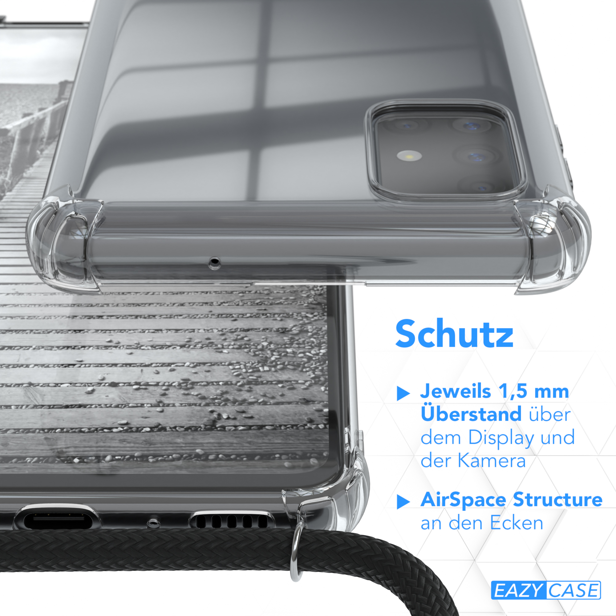 Eine transparente Handyhülle mit hervorgehobenen Merkmalen, die Schutzdetails zeigen.
