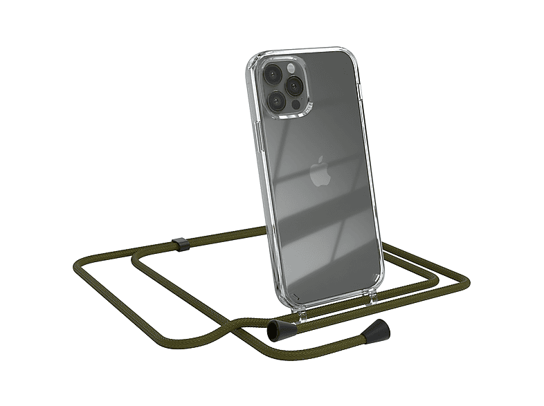 EAZY CASE Clear Cover mit Umhängeband, Umhängetasche, Apple, iPhone 12 / 12 Pro, Olive Grün