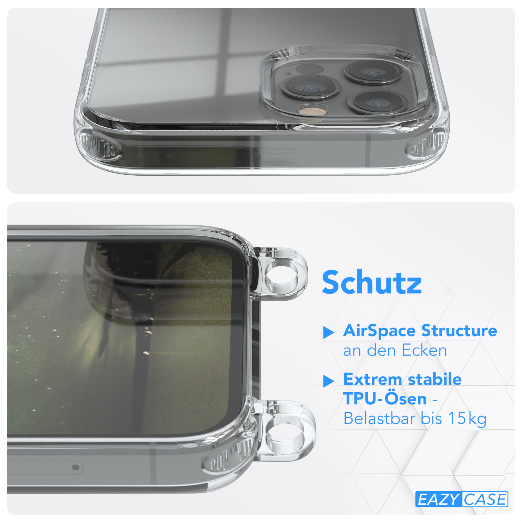 Transparente Handyhülle mit Schutzdetails. Nahaufnahme der Hülle mit Straßenhintergrund.
