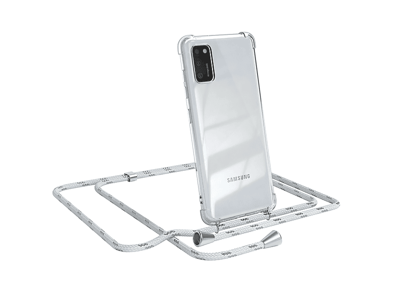 EAZY CASE Clear Cover mit Umhängeband, Umhängetasche, Samsung, Galaxy A41, Weiß / Clips Silber