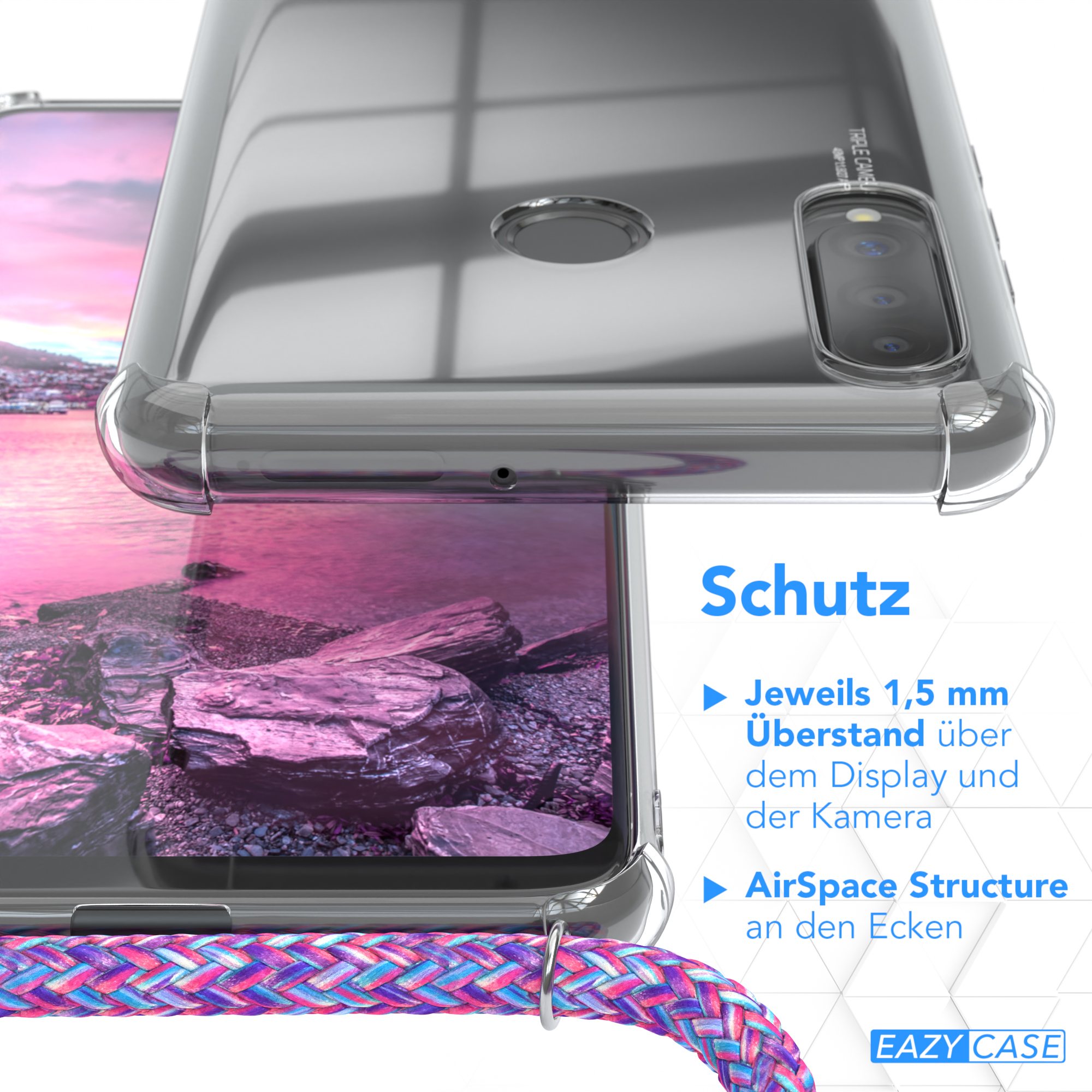 Handyhülle Detail. Zeigt Schutzfunktionen: 1,5 mm Display-Überstand und AirSpace Structure.