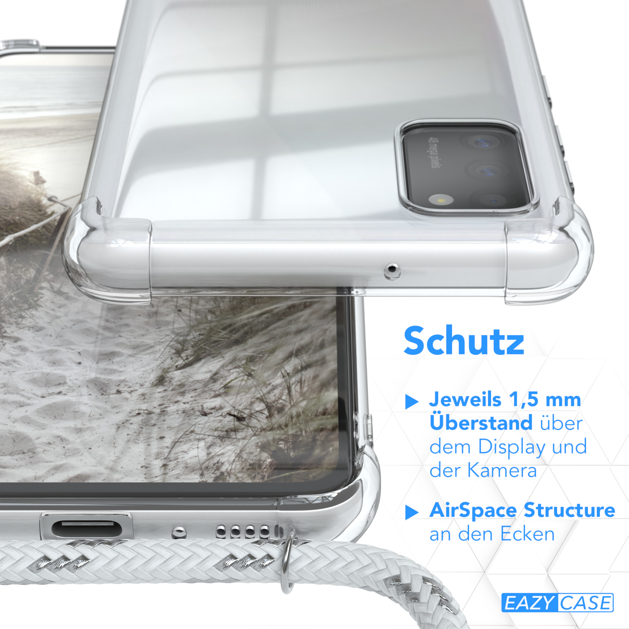 Nahaufnahme von Handyhülle und Umhängeband, Details der Schutzfunktionen und weißer Kordel.